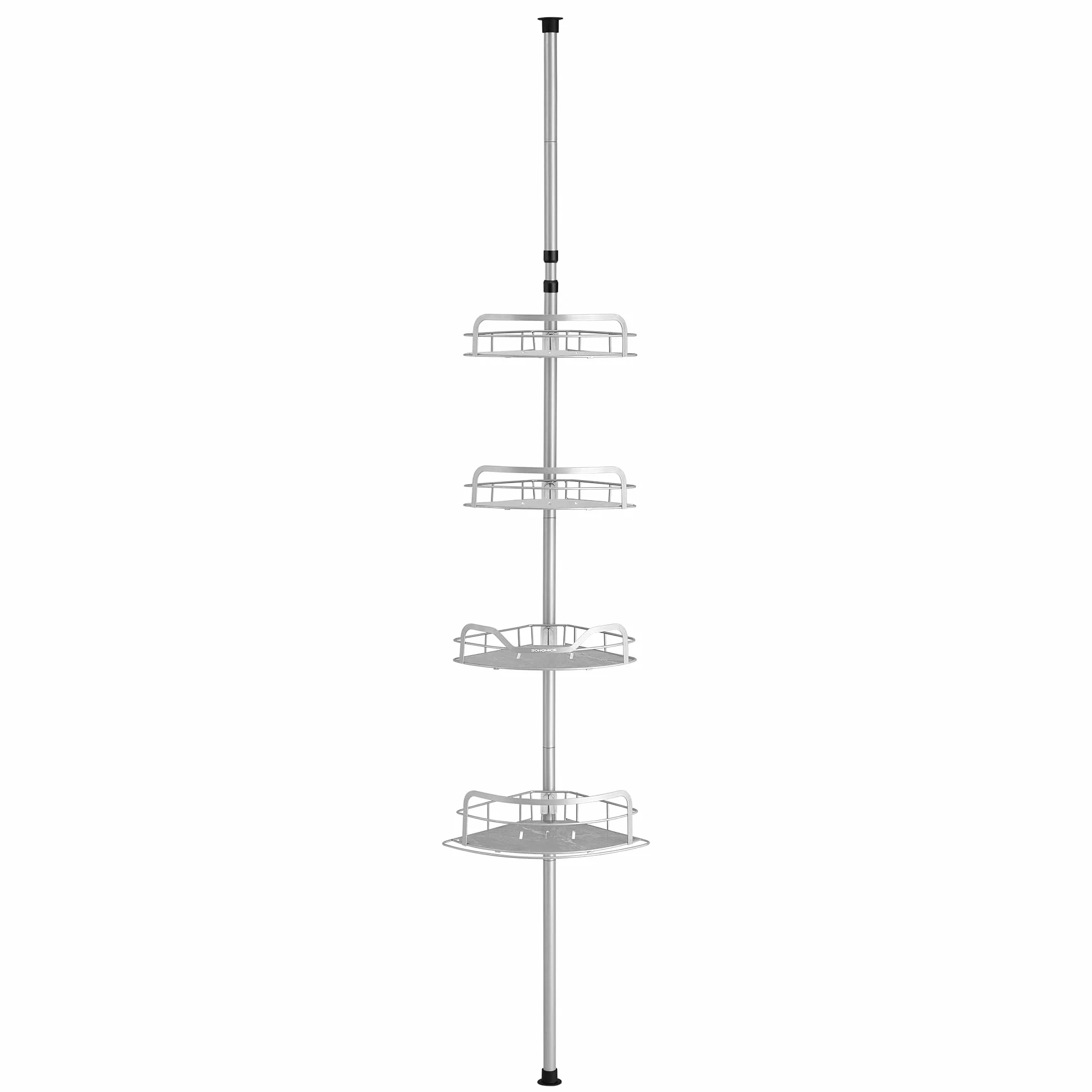 SONGMICS Regał prysznicowy, regał łazienkowy, półka prysznicowa bez wiercenia, wysokość całkowita 80-323 cm, z 4 poziomami, regał z regulacją wysokości, do łazienki, kolor gołębi szary BCB003E01