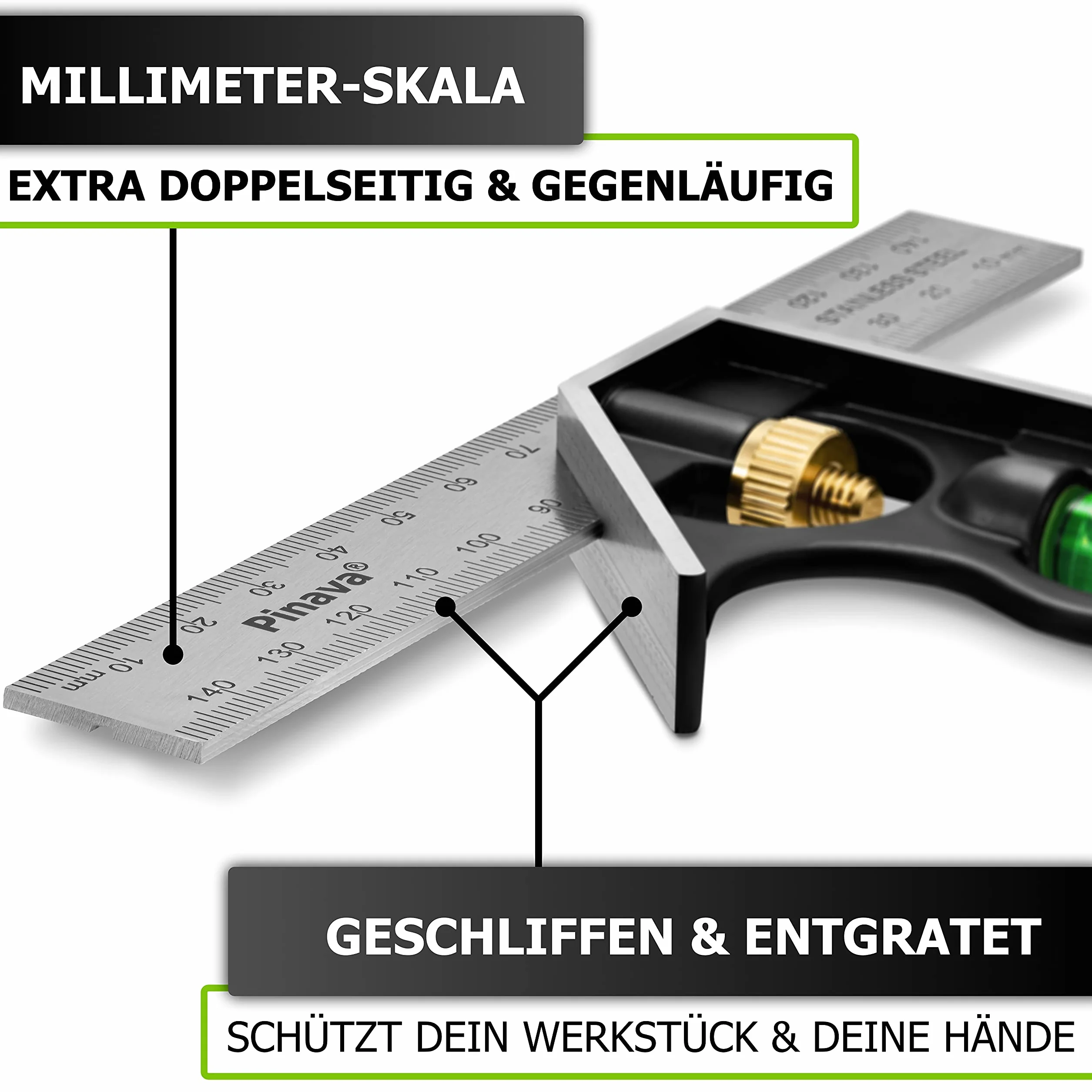 PINAVA® Kątownik łączony 150 mm [przeciwbieżna skala i precyzyjny kąt] – mały kątownik uniwersalny z metalowym ogranicznikiem – idealnie czytelny multikąt, Combination Square