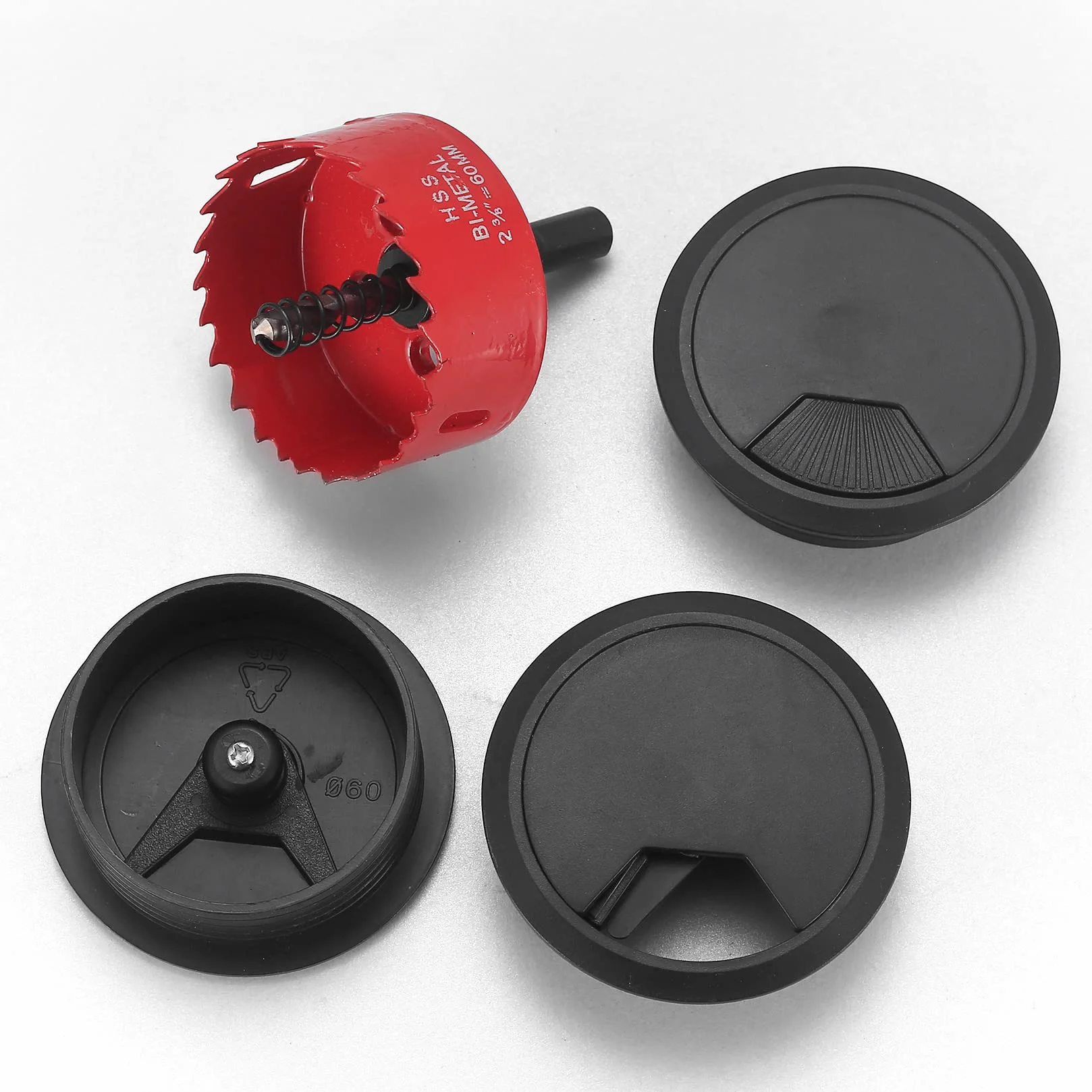 10 sztuk na biurko, przepust kablowy, 60 mm, okrągłe osłony otworów kablowych do biura, stołu, blatów roboczych, prowadnica kabli, z otwornicą (czarne)