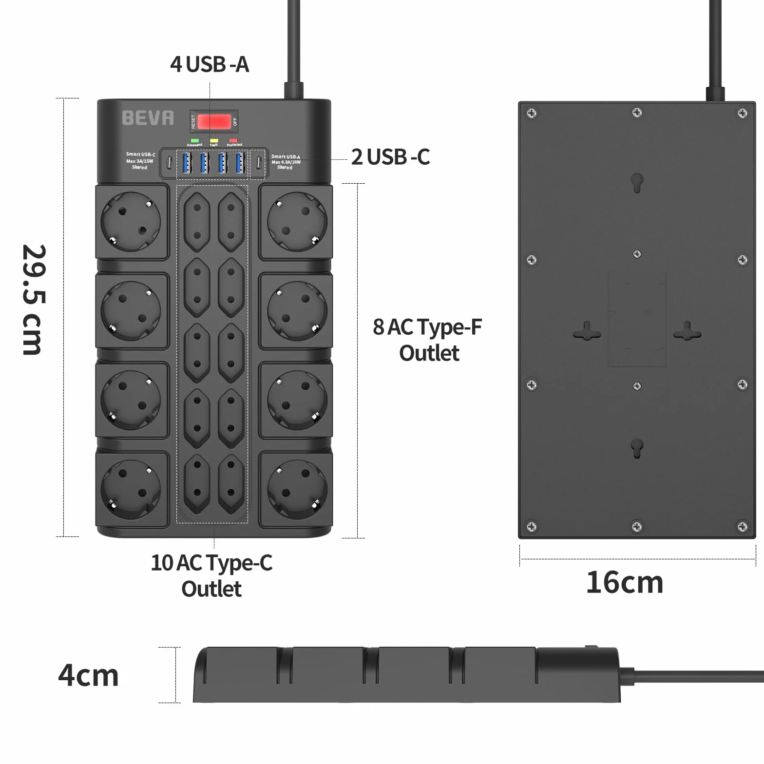 BEVA Listwa Zasilająca 3680W 16A 18 Gniazd AC 4xUSB-A 2xUSB-C Złodziej Wtyczka 2M