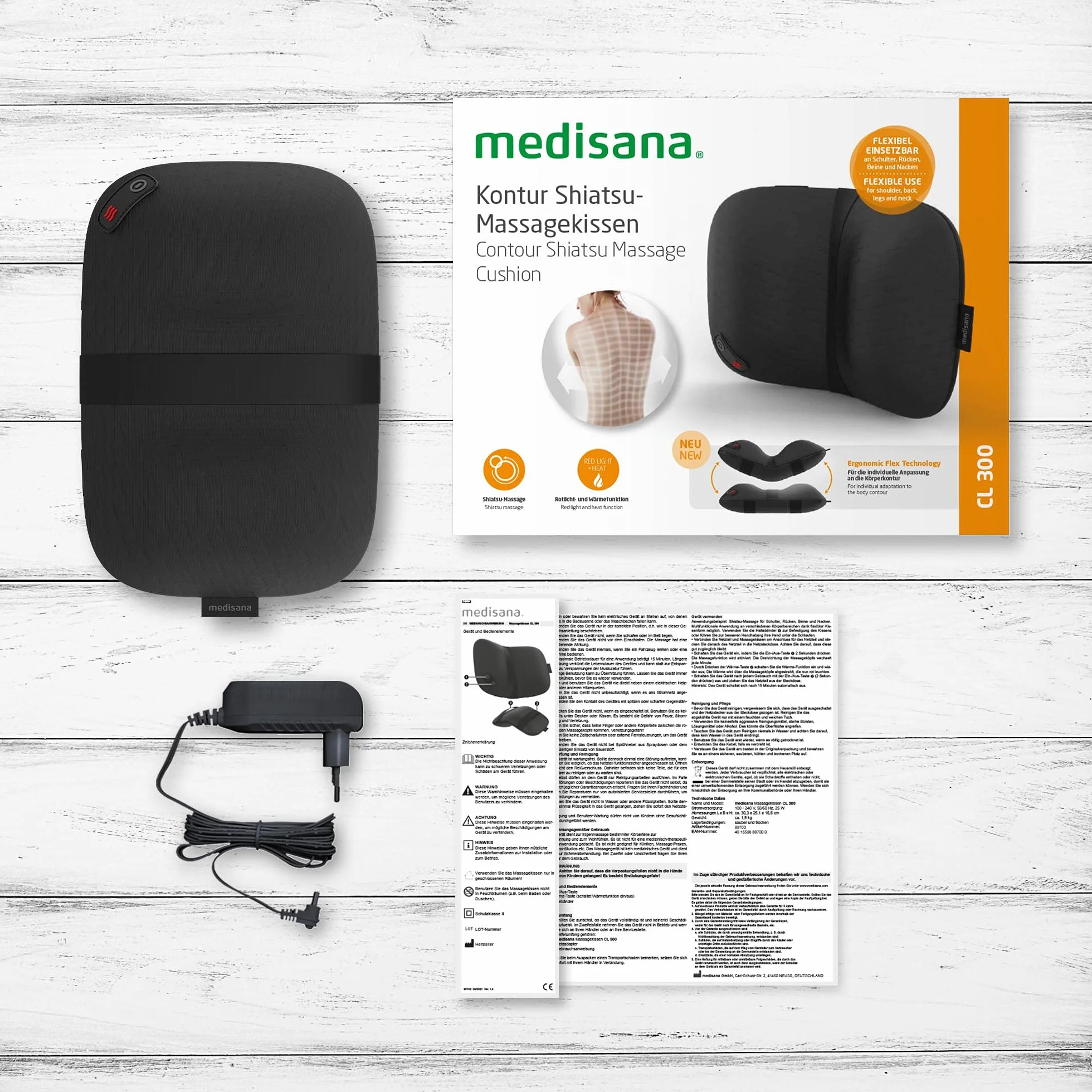 Medisana CL 300 Poduszka do masażu Shiatsu z funkcją podgrzewania, indywidualne ergonomiczne dopasowanie do pleców z 4 głowicami masującymi do ramion, pleców, nóg i karku