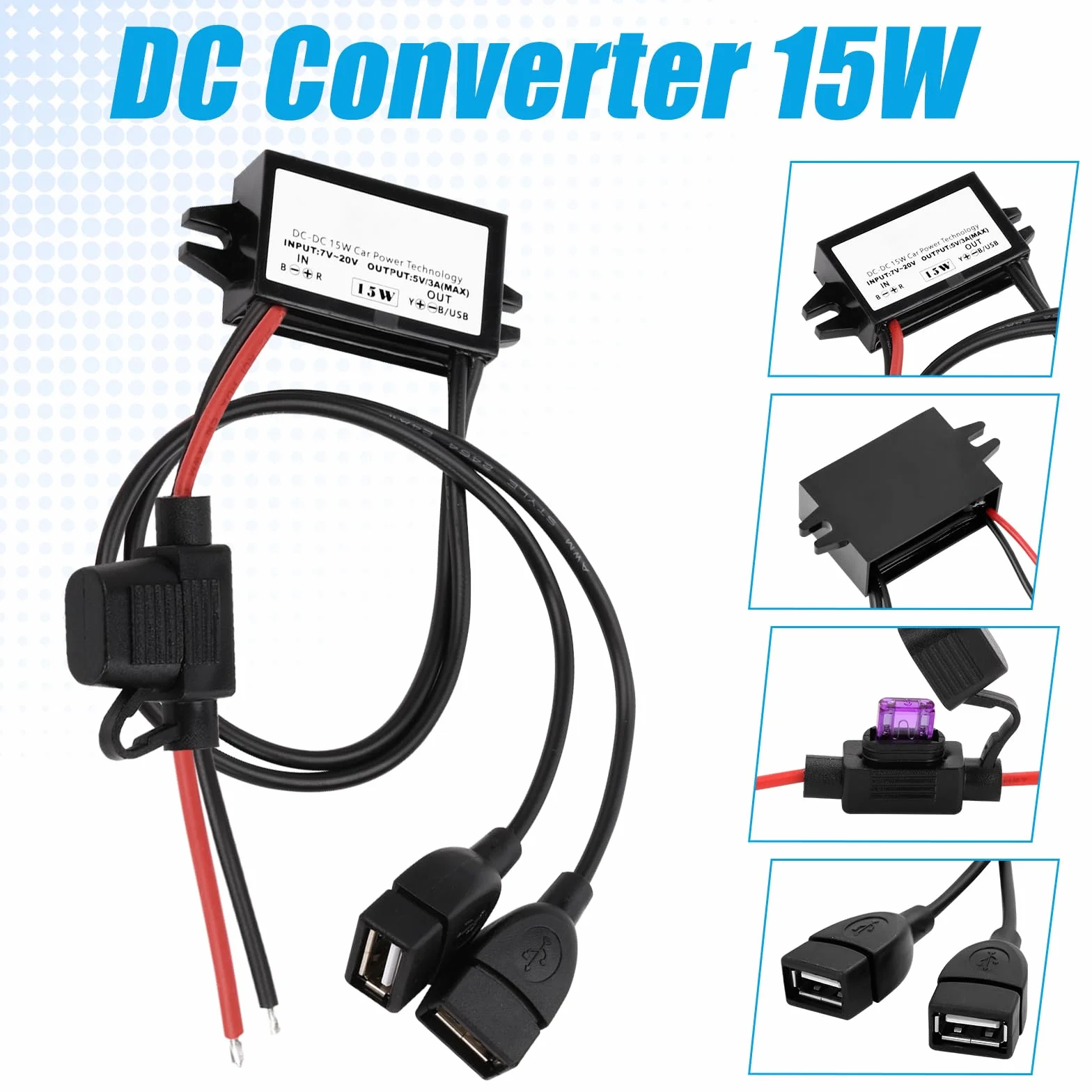 Adapter USB 12V na USB,12V na 5V moduł konwertera DC Buck 3A 15W DC na DC adapter samochodowy z bezpiecznikiem (DualUSB)