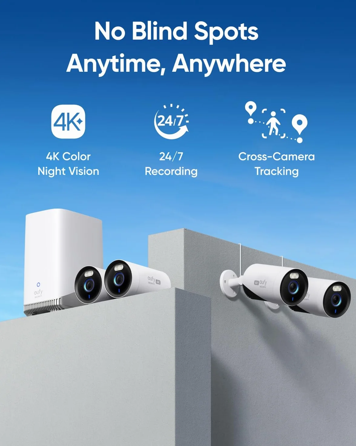 eufy Security eufyCam E330 kamera monitoringowa zewnętrzna, nagrywanie 4K, nagrywanie 24/7, zasilanie sieciowe, Wi-Fi NVR, dysk twardy 1 TB, możliwość rozszerzenia do 10 kamer (cztery zestawy kamer)