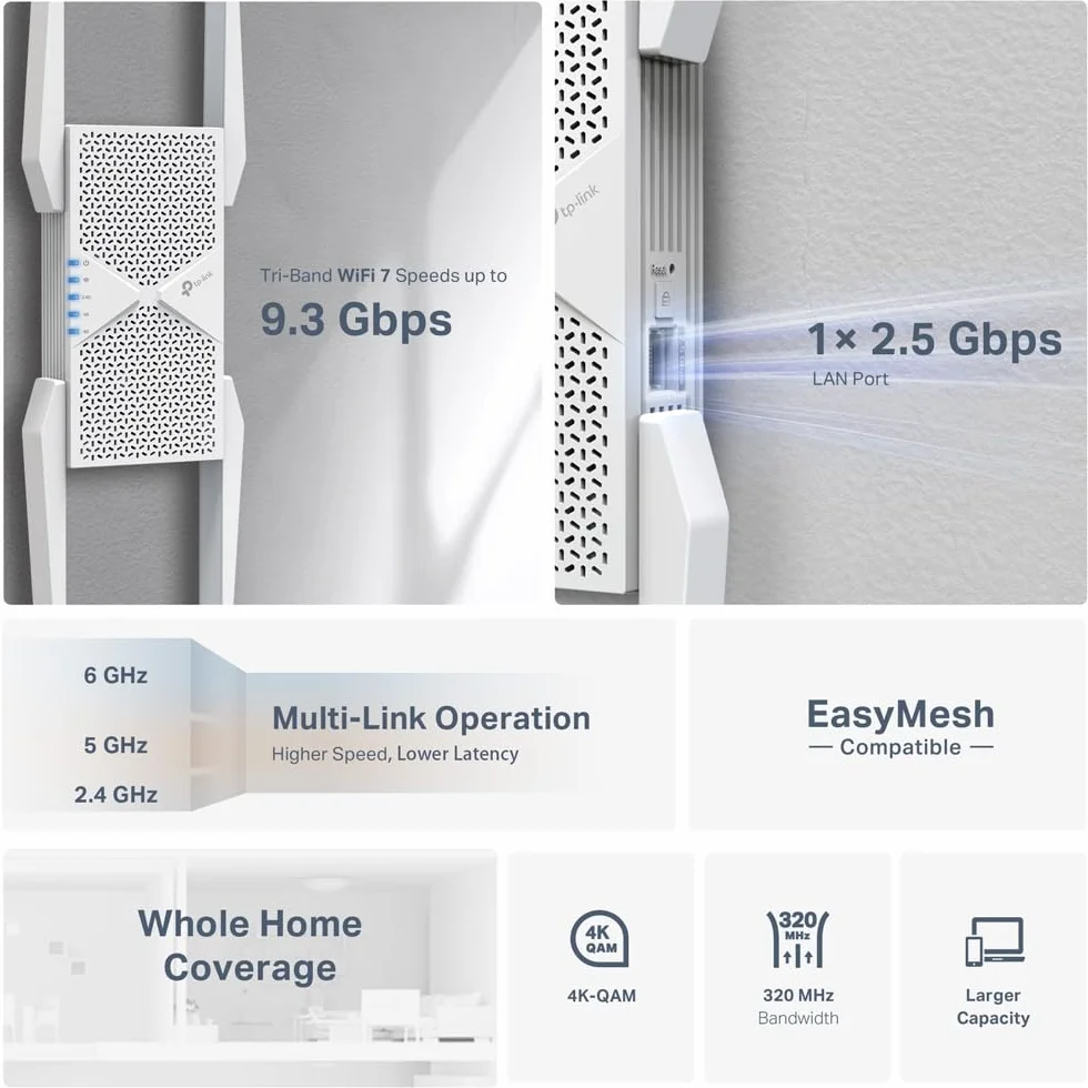 TP-Link RE655BE Wzmacniacz sygnału Wi-Fi 7 BE9300 tri-band 9,3 Gb/s MLO port 2.5G EasyMesh