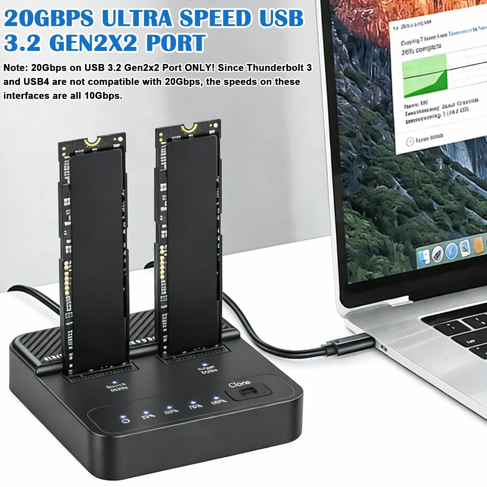 M.2 NVMe & SATA Stacja dokująca, stacja dokująca do dysków twardych 20 Gbps Dual Bay M2 NVMe SSD obudowa USB 3.2 Gen 2 Reader Duplicator Offline Clone Station do 2230/2242/2260/2280 NVMe