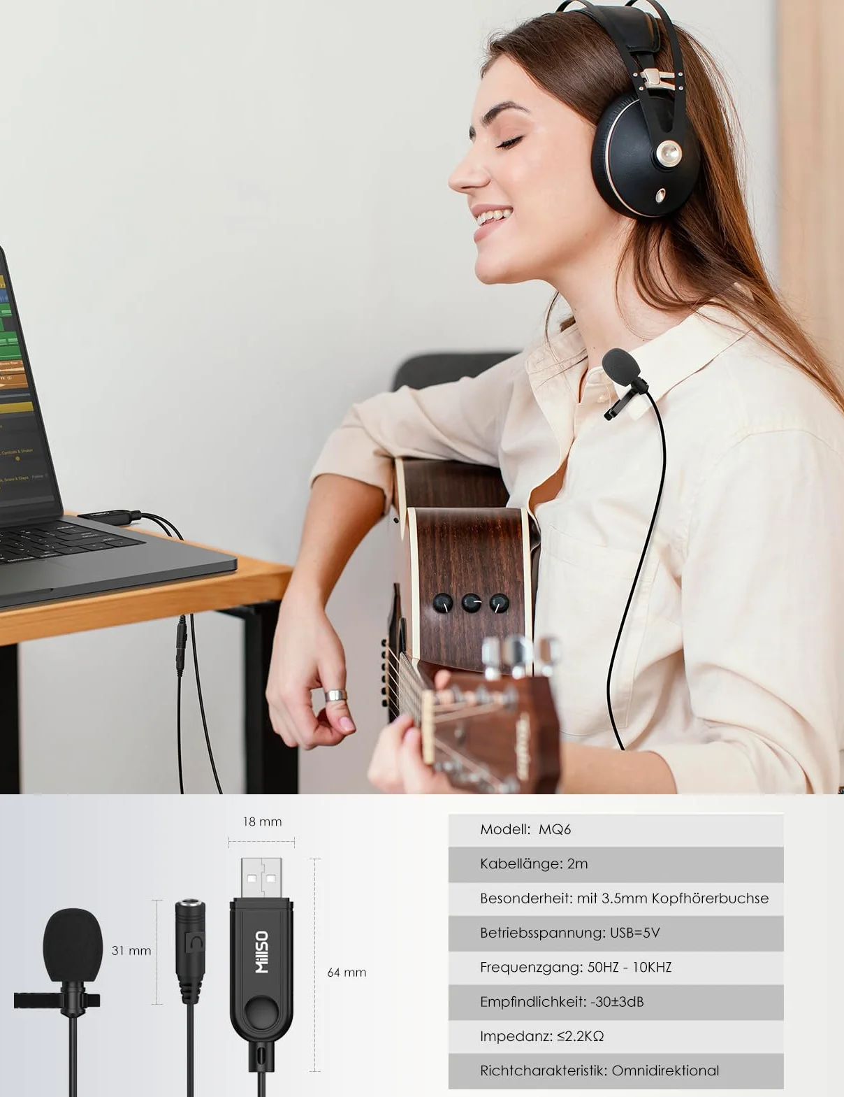MillSO Mikrofon krawatowy USB z gniazdem 3,5 mm do monitorowania Wielokierunkowy mikrofon USB Clip-On Mini kompatybilny z laptopami, komputerami stacjonarnymi, podcastami, Skypem i śpiewaniem