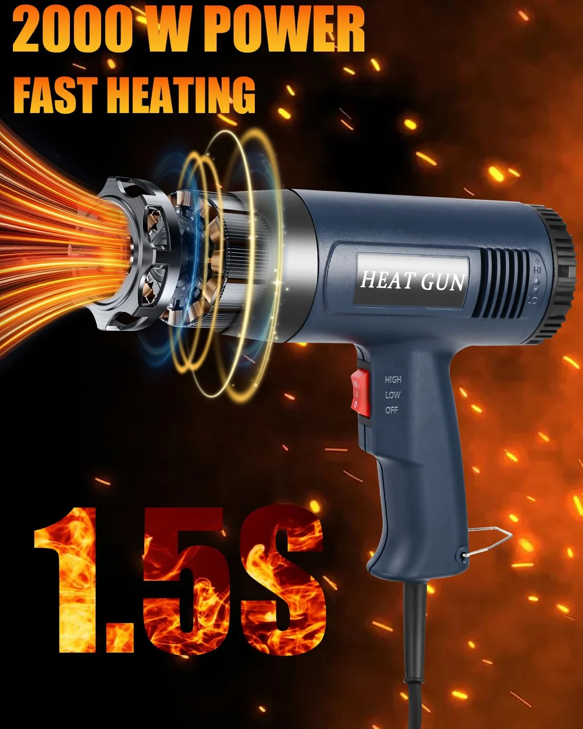 Pistolet na gorące powietrze, 2000 W, regulowana regulacja temperatury 160℃-650°C, 2 ustawienia przepływu powietrza z 5 akcesoriami, zabezpieczenie przed przeciążeniem, ceramiczny rdzeń grzejny