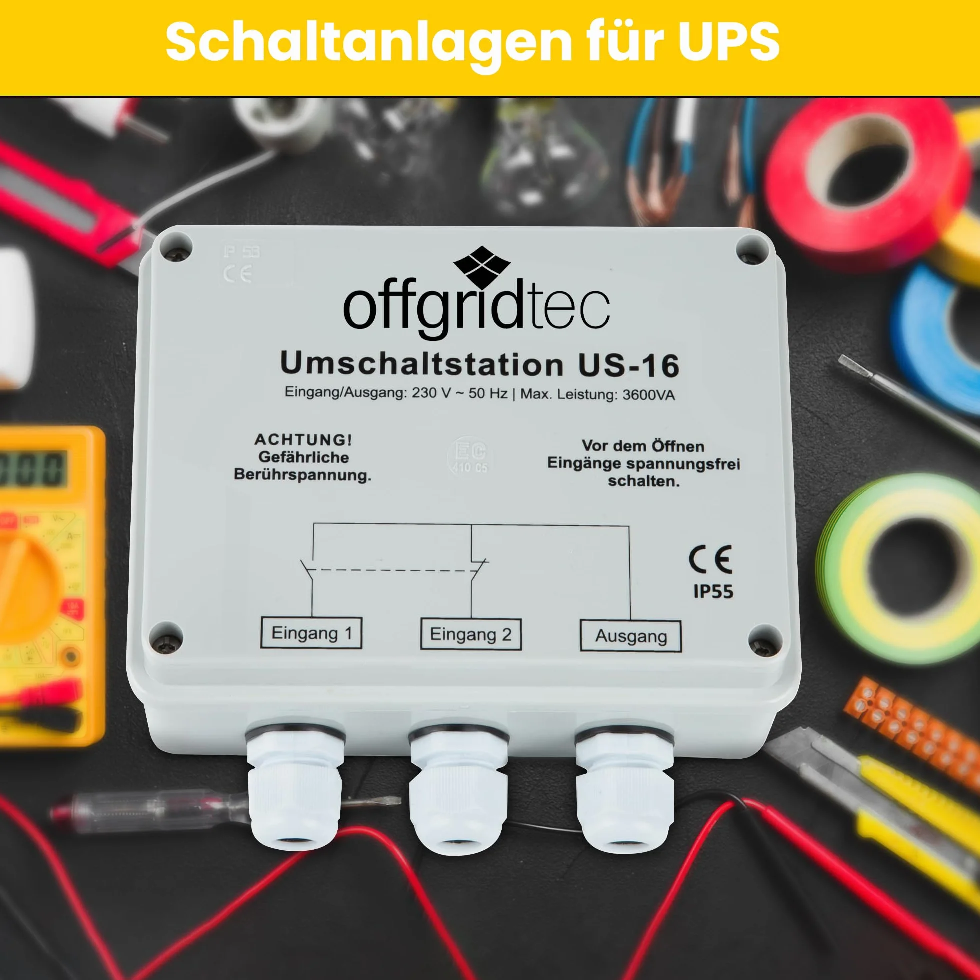 Offgridtec® Stacja przełączająca do przełącznika sieciowego UPS praca US-16 230 V 16 A 3600 W