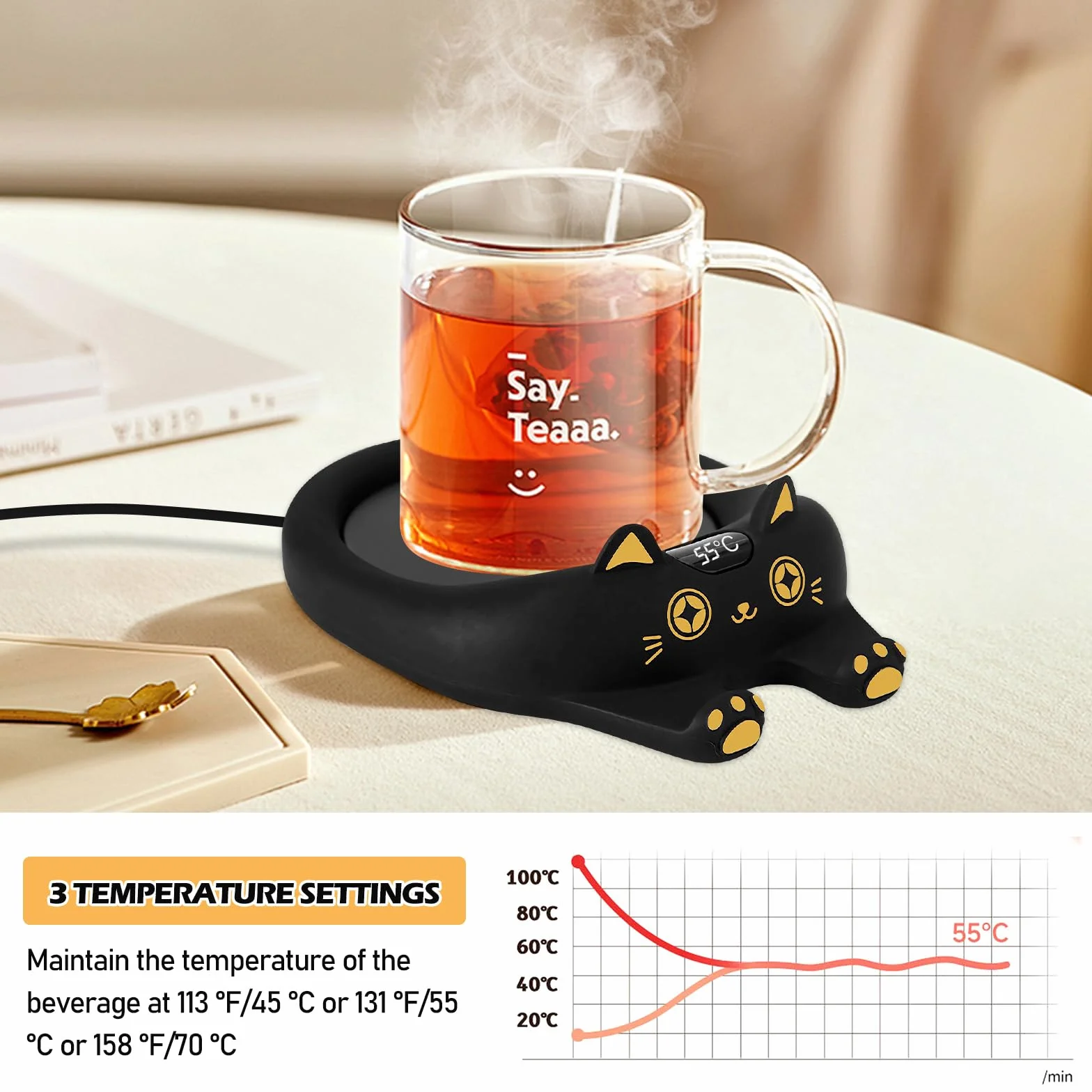 Podgrzewacz do filiżanek 3 ustawienia temperatury 45°C/55°C/75°C automatyczne wyłączanie 2-8 h