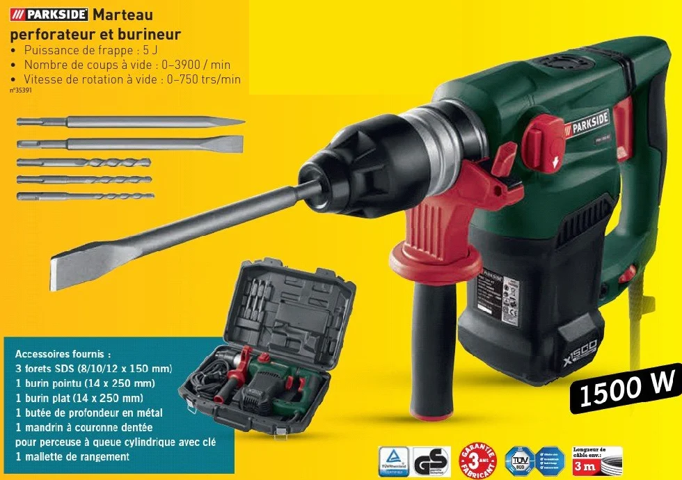Młot pneumatyczny • Perforator i dłutownik • Parkside 1500W z akcesoriami • PBH 1500 B2