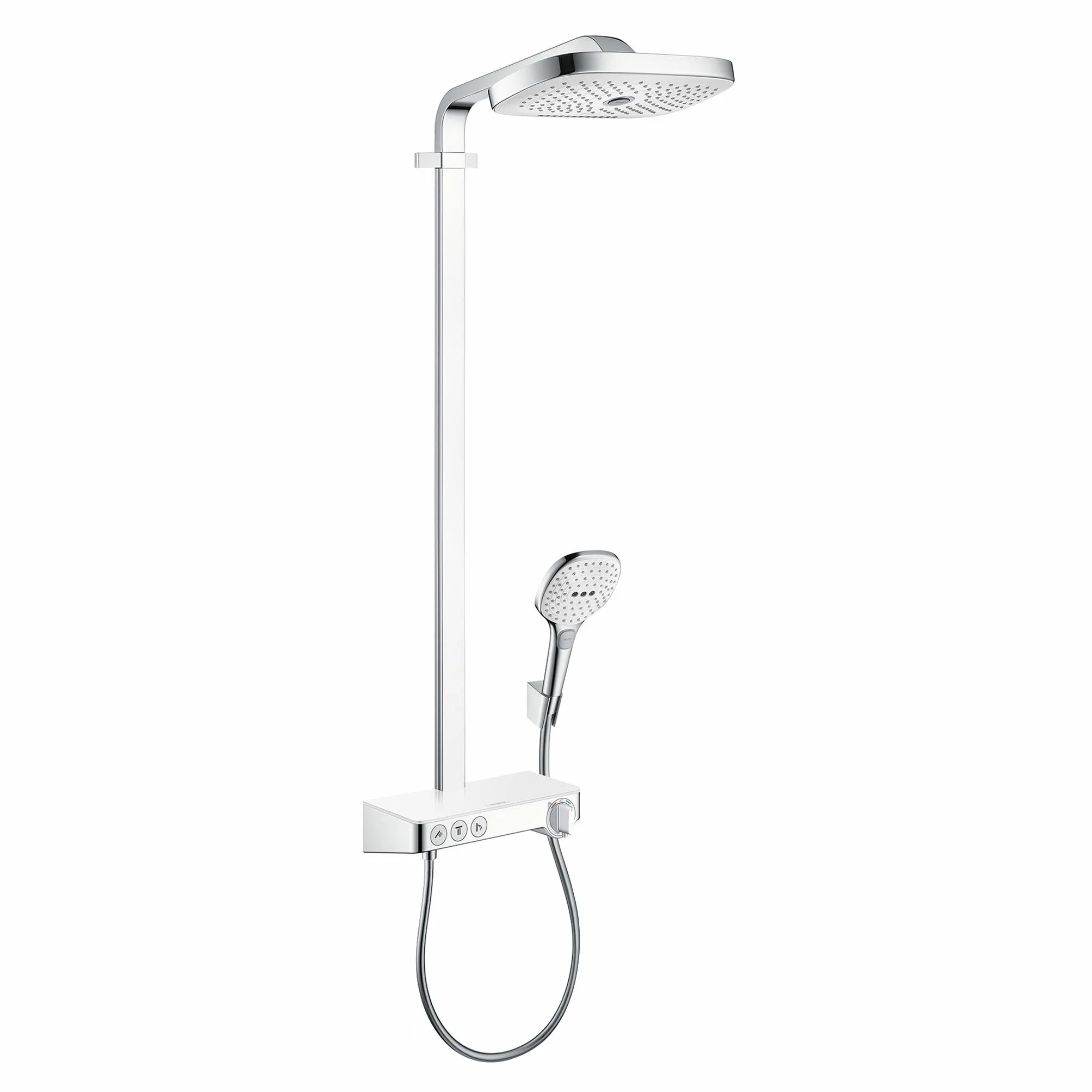 hansgrohe Raindance Select E - komplet prysznicowy z termostatem, zestaw prysznicowy z główką prysznicowa 3-strumieniowa, wąż, szyna i deszczownica kwadratowa (⌀ 300 mm), biały/chrom, 27127400