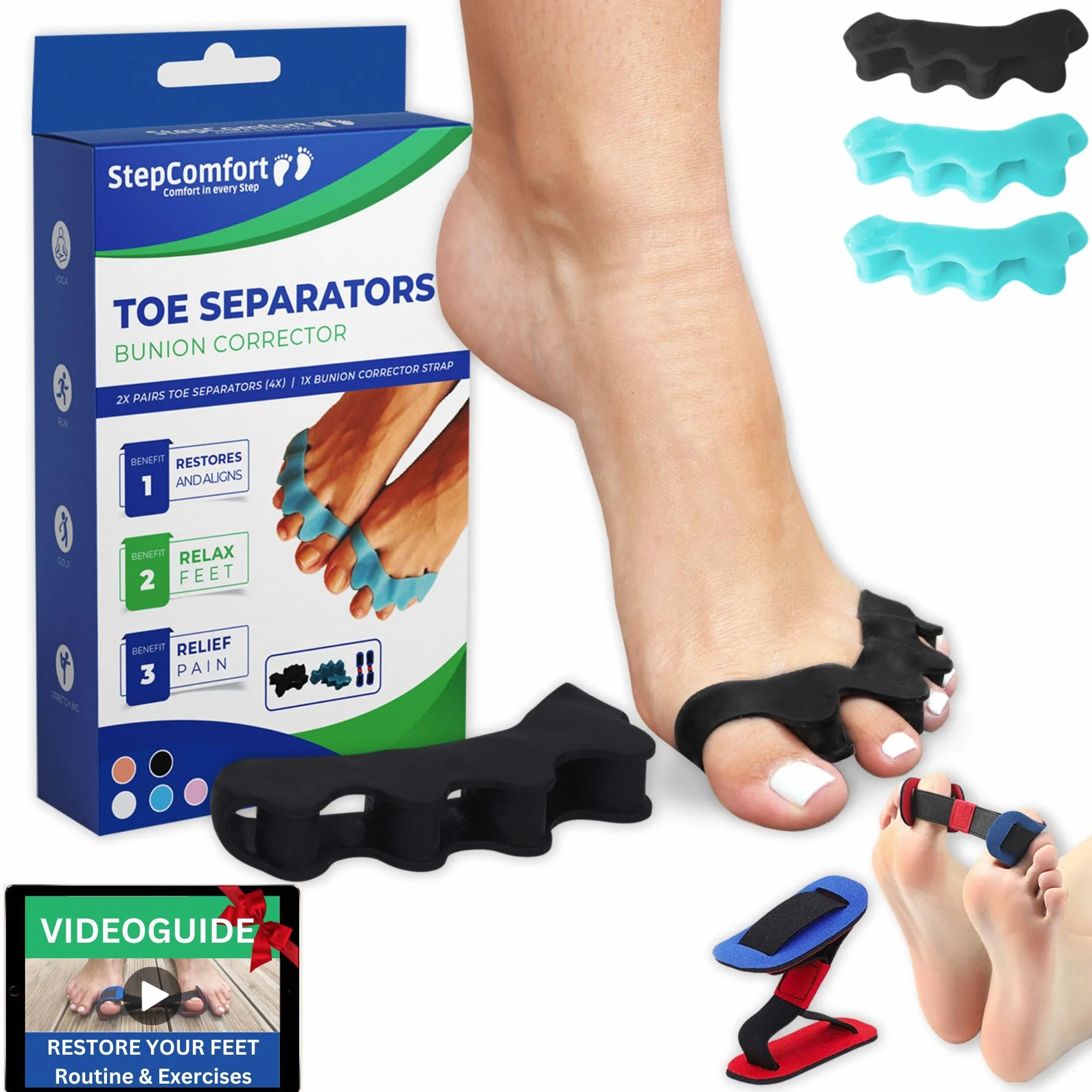 Pack Separator palce silikonowe (2 pary) + elastyczny korektor szuksów (1x) Unisex do korygowania nakładających się lub skręconych palców - Naturalnie relaksuje i przywraca