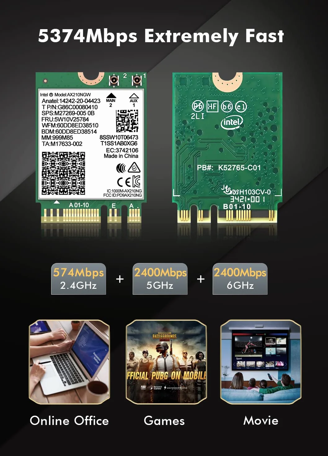 Karta bezprzewodowa WiFi 6E Intel AX210 NGW Bluetooth 5.2 Tri-Band 5400 Mbps adapter sieciowy do laptopa, obsługa systemu Windows 10/11 (64 bit) M.2/NGFF