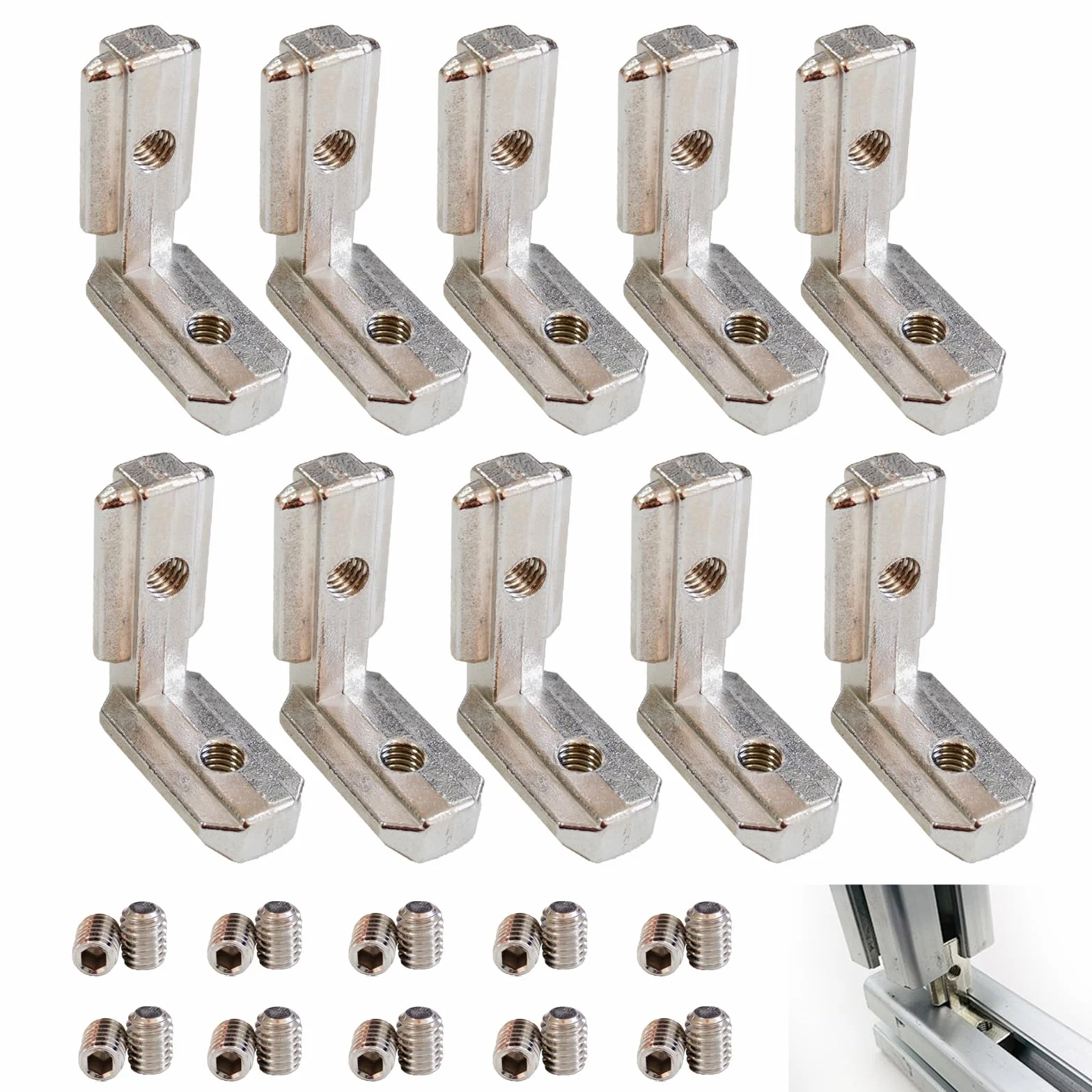 10 sztuk łączników z profilem aluminiowym 30 x 30, 90° w kształcie litery L, złączki narożne ze stopu cynku, niklowane, zgodne z normą UE, profil aluminiowy, łącznie z 20 śrubami, stabilne i