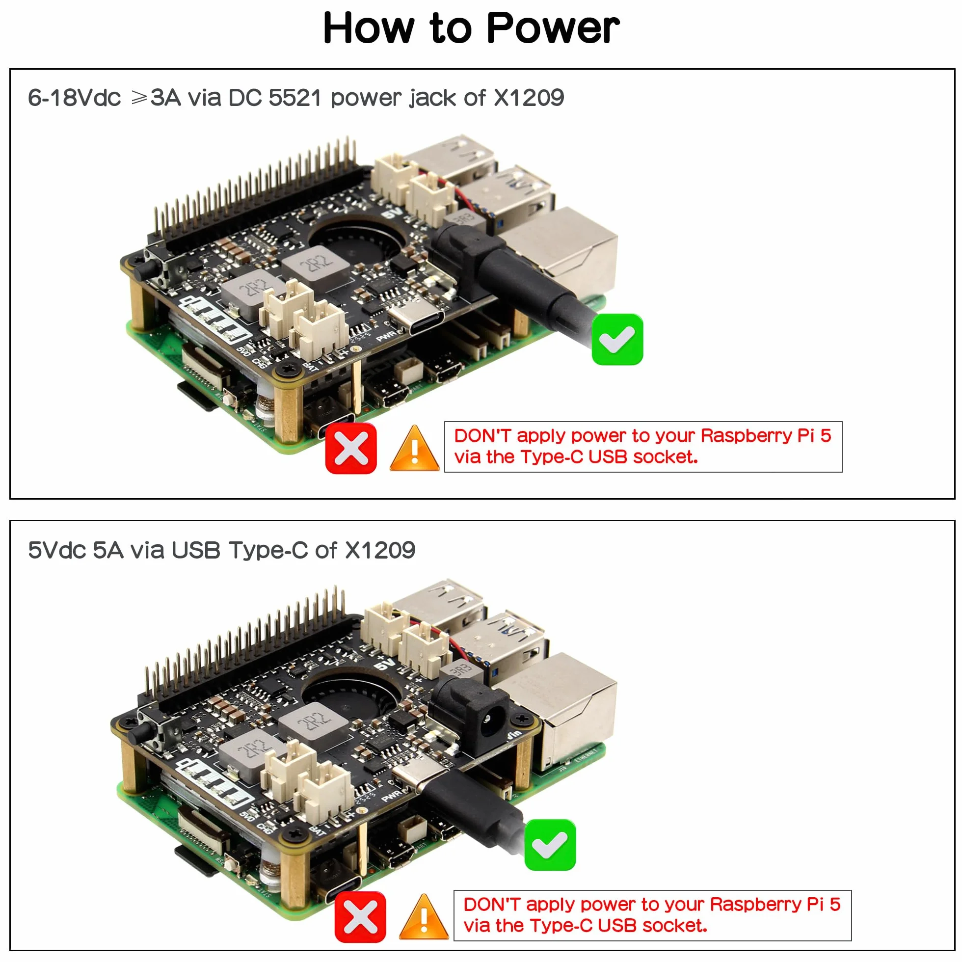 Geekworm X1209 5.1V 6A UPS HAT with Wide 6-18V Input for Raspberry Pi 5/4B/3B+/3B