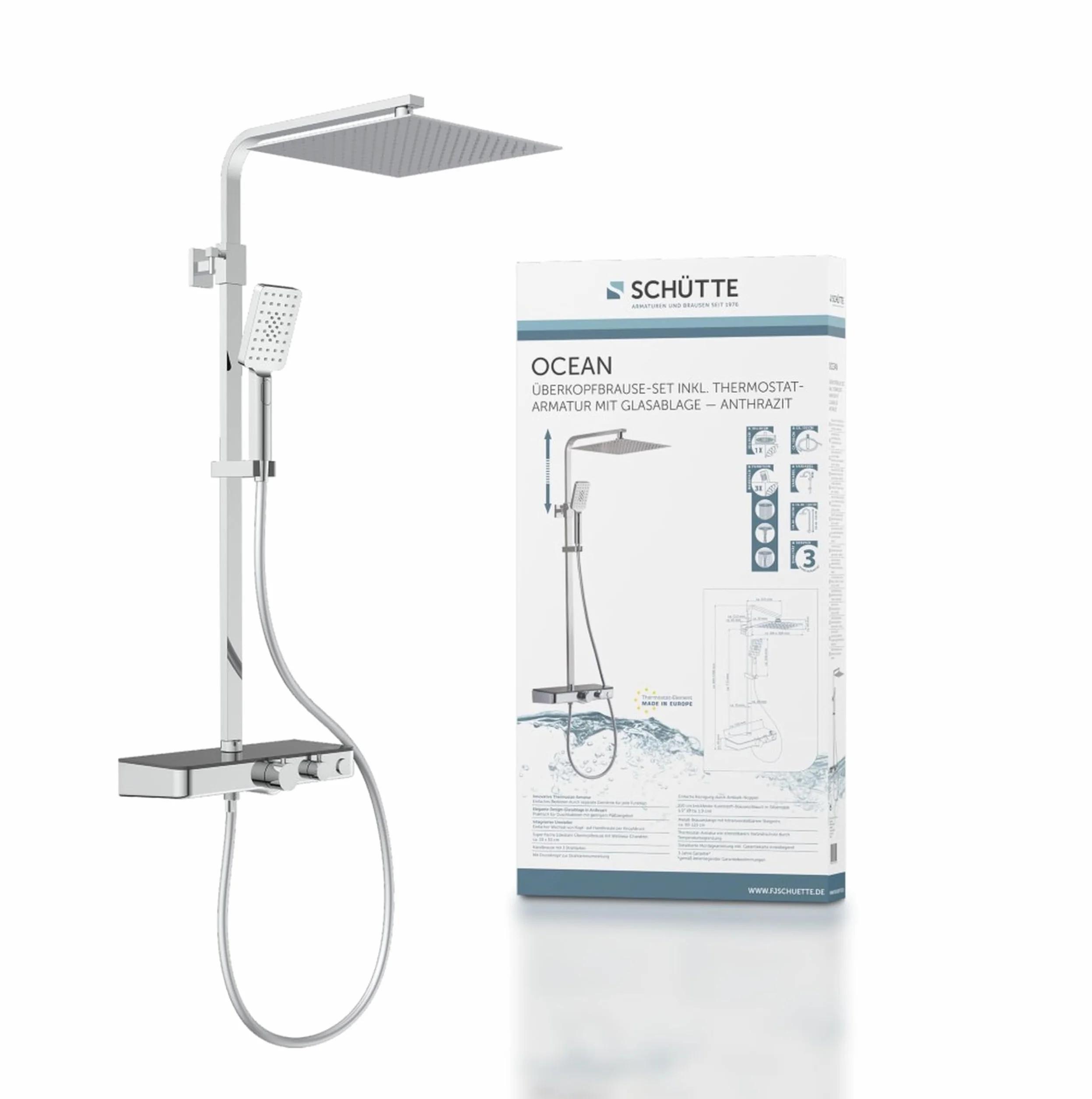 SCHÜTTE OCEAN 60531 system prysznicowy z termostatem i szklaną półką, 30 x 30 cm, deszczownica z uchwytem ściennym i panelem prysznicowym, kolumna prysznicowa w kolorze chromowym/antracytowym