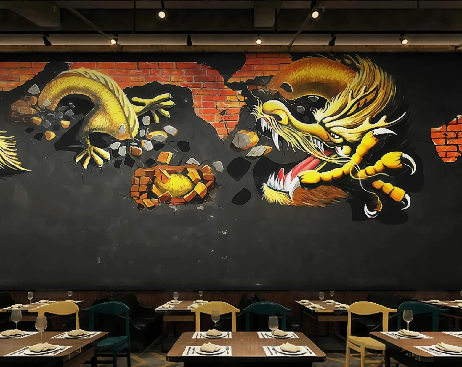 Tapeta nostalgiczna ceglana ściana graffiti złoty smok tematyczny sklep z napojami bar zachodnia restauracja tło fototapeta popołudniowa herbata kawiarnia tapeta 3D, 250 x 175 cm