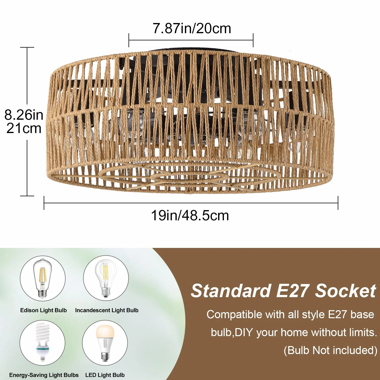 Ganeed Wentylator sufitowy industrialny 48cm Boho Rattan E27 z pilotem 6 świateł czarny