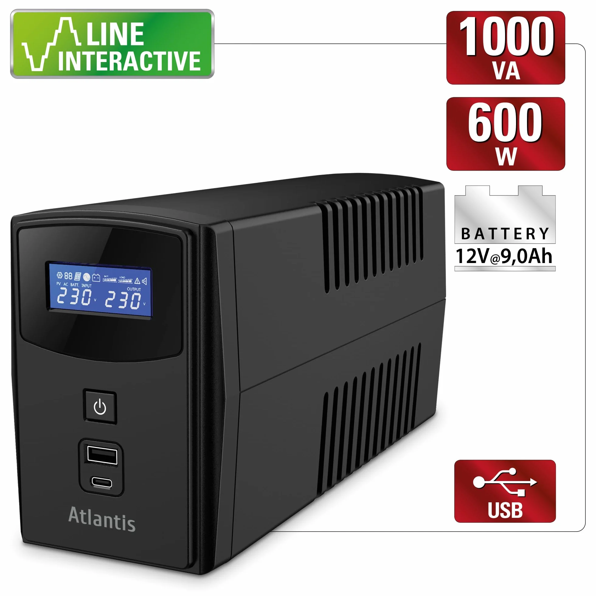 Atlantis A03-S1000P zasilacz awaryjny 1000 VA 600 W Line interaktywny LCD USB