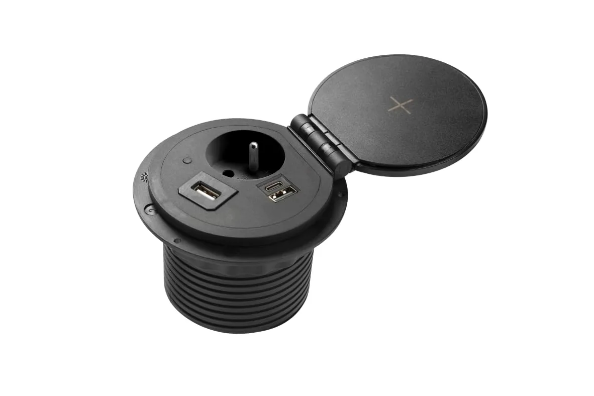 GTV Gniazdo meblowe Charger Plus, ładowarka indukcyjna 5 W, USB-A/HDMI/RJ-45, bardzo płaski profil, idealne do biurka i blatów kuchennych