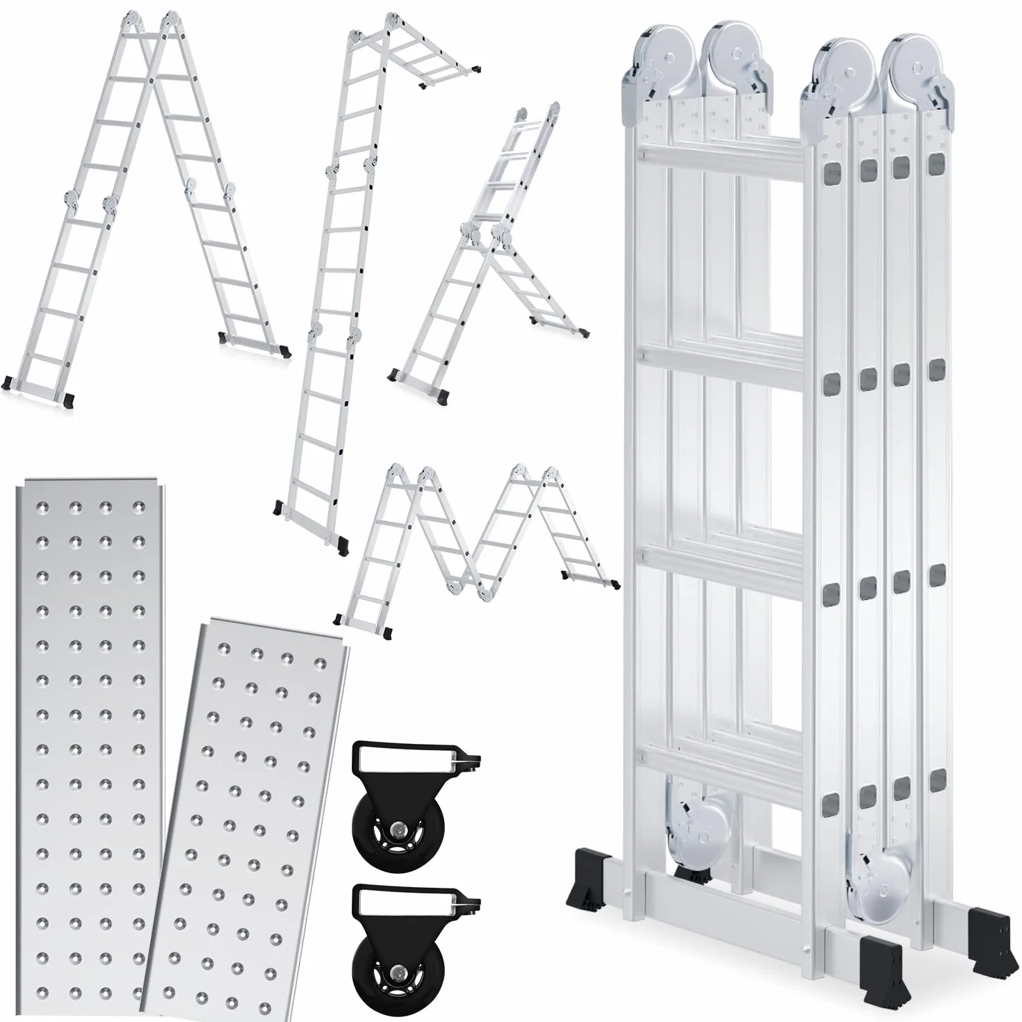 Aluminiowa Wielofunkcyjna Drabina 4,7 m, 4 x 4 Stopnie, Z Platformą, Z 2 Płytami Rusztowania, Do 150 kg, Składana 16 Stopni, Srebrna