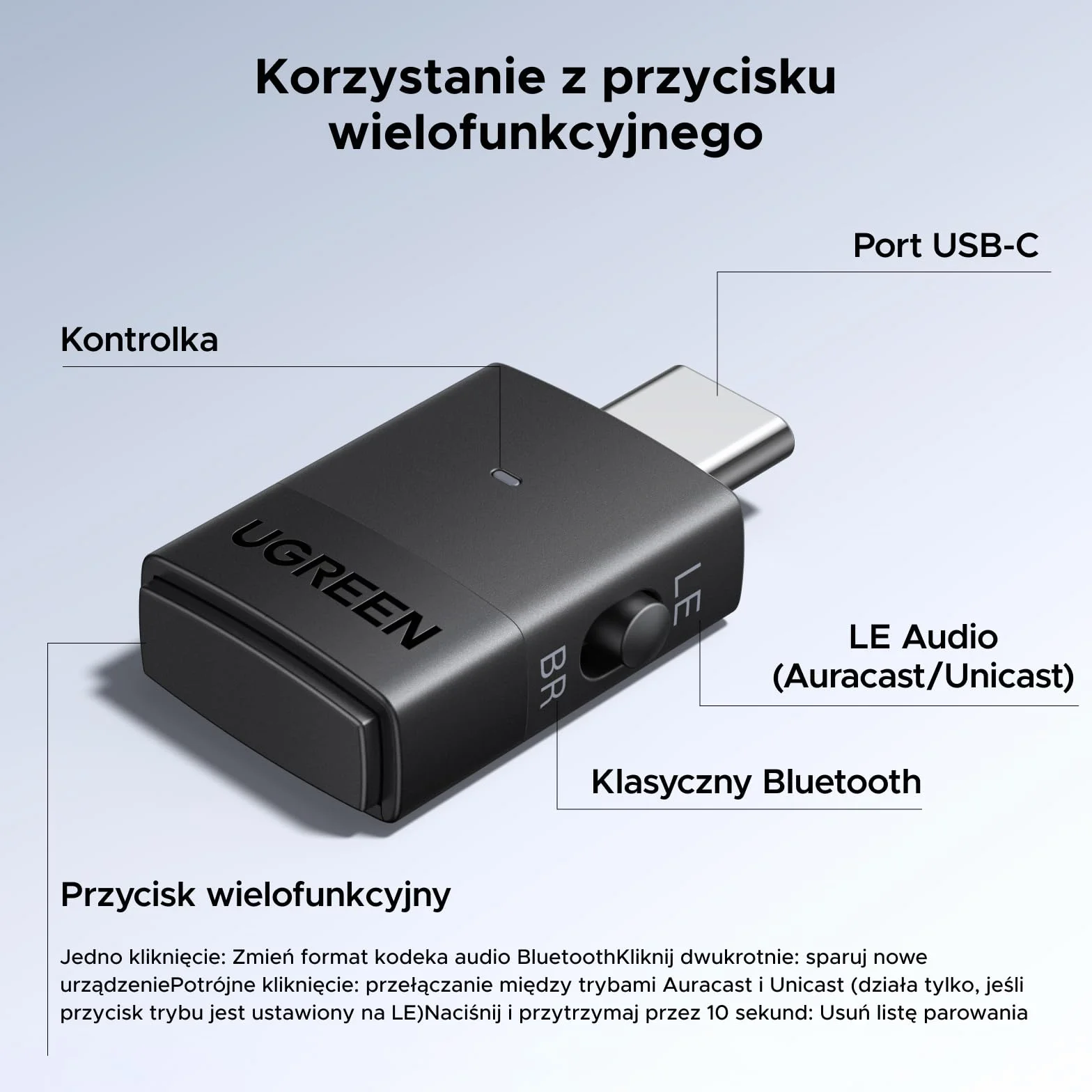 Adapter audio UGREEN LE Audio USB-C 6.0 Bluetooth LC 3 o niskim opóźnieniu i dwóch trybach, bezprzewodowy klucz sprzętowy Bluetooth do komputerów PC, Mac, PS5 i konsol do gier