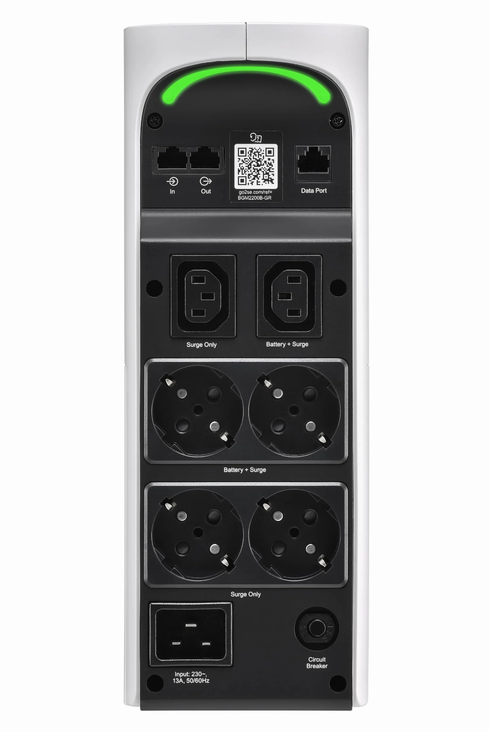 APC Falownik Gaming Back UPS Pro, 2200VA/1320 W, wieża, 230V, 4 x gniazda Schuko i 2x IEC C13, światła RGB, czysta fala sinusoidalna, arktyczna (biała) BGM2200-GR
