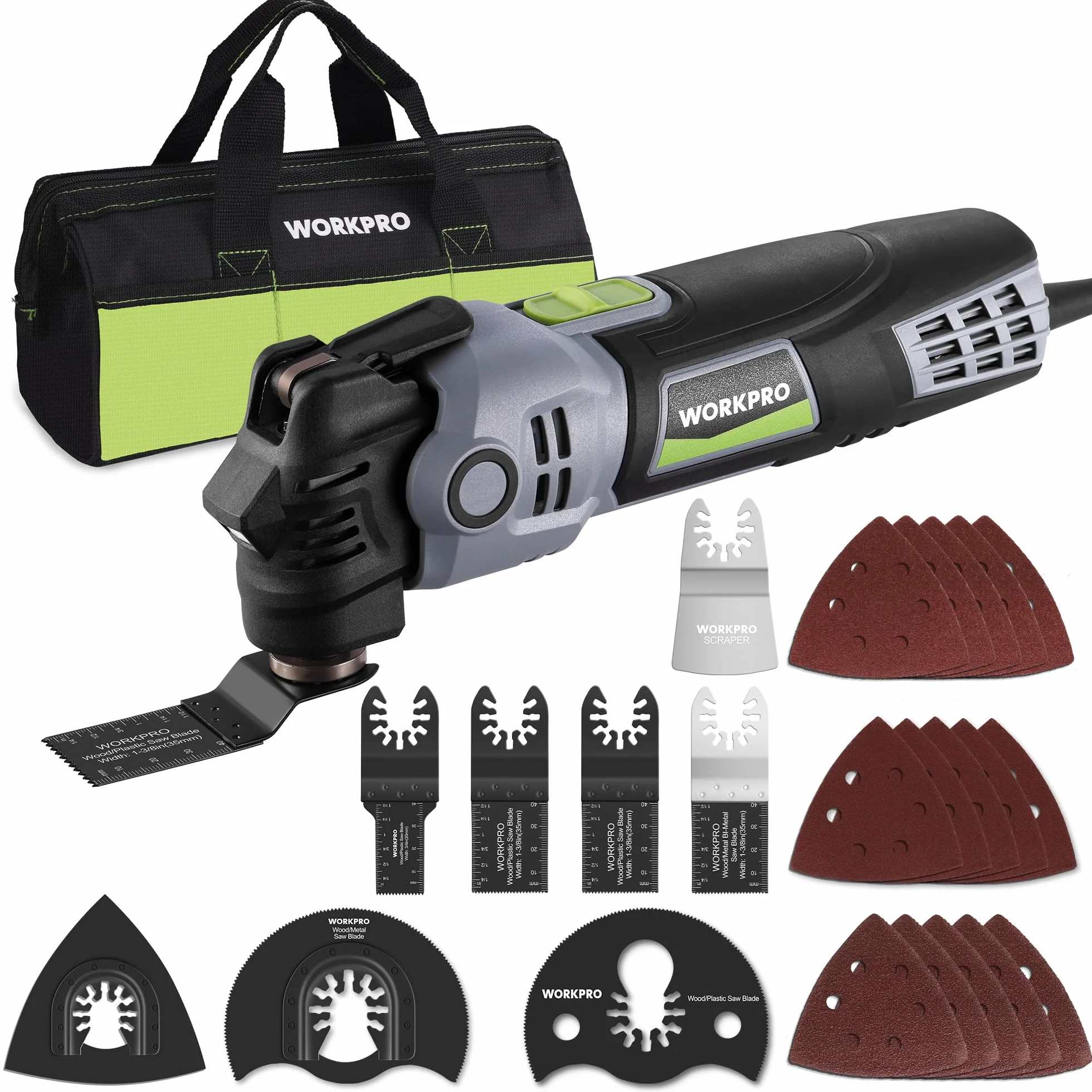 WORKPRO Narzędzie oscylacyjne wielofunkcyjne 400 W 6 prędkości 15000-22000 obr./min kąt oscylacji 3.5° z 23 akcesoriami i torbą