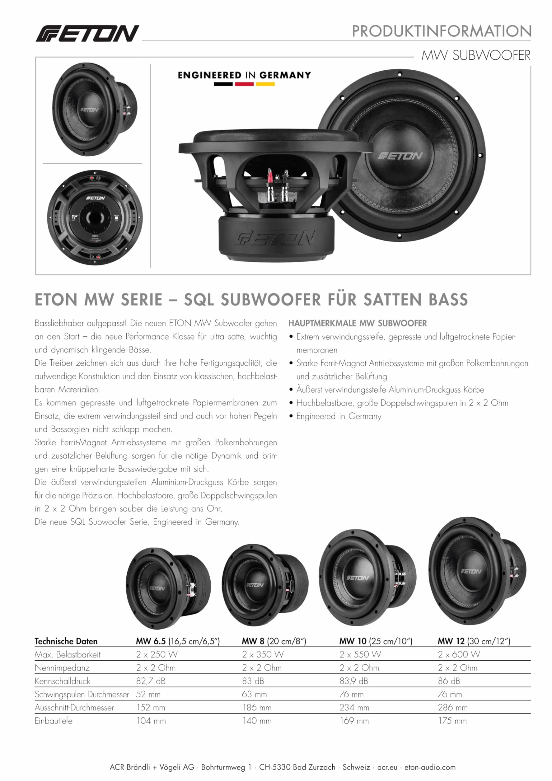 ETON MW 6.5 subwoofer 16,5 cm 6,5 cala długi skok basowy głośnik niskotonowy magnes ferrytowy podwójna cewka 2 omy 2 x 250 W