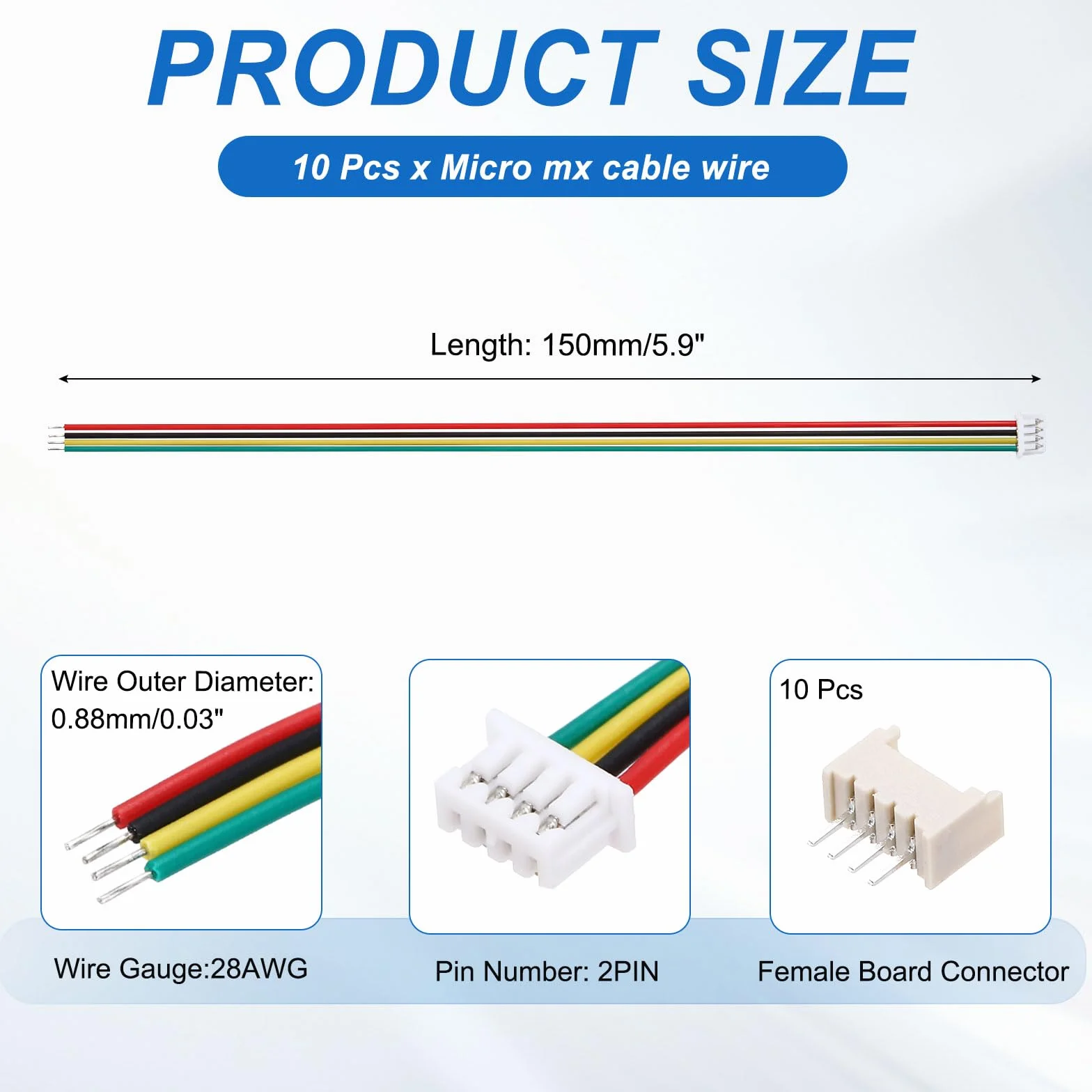 QUARKZMAN 10 sztuk MX 1,25 mm 4-pinowe wtyczki z pojedynczą głowicą z kablem 28 AWG 150 mm i listwą gniazdek do głośników, paski świetlne LED, małe urządzenia
