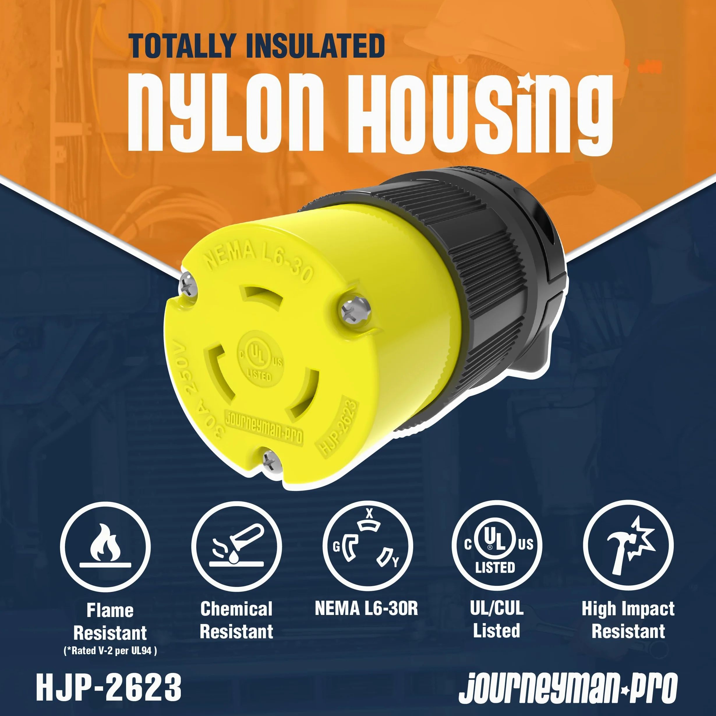 Journeyman-Pro NEMA L6-30R 30 Amp, 250 Volt, 2P, 3W, HJP-2623 Connettore femmina di bloccaggio, nero giallo grado industriale, messa a terra 7500 Watt generatore (L6-30R femmina)