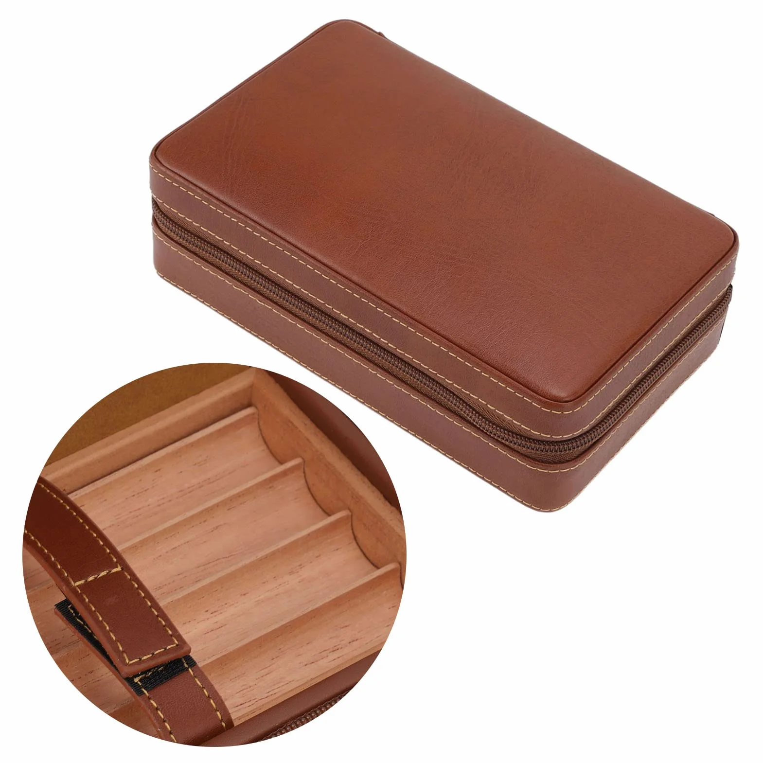 Humidor podróżny na cygara, etui na cygara, humidor na cygara, brązowe, przenośne, z podszewką z drewna cedrowego, nawilżacz powietrza, pudełko na cygara z torbą do przechowywania w podróży