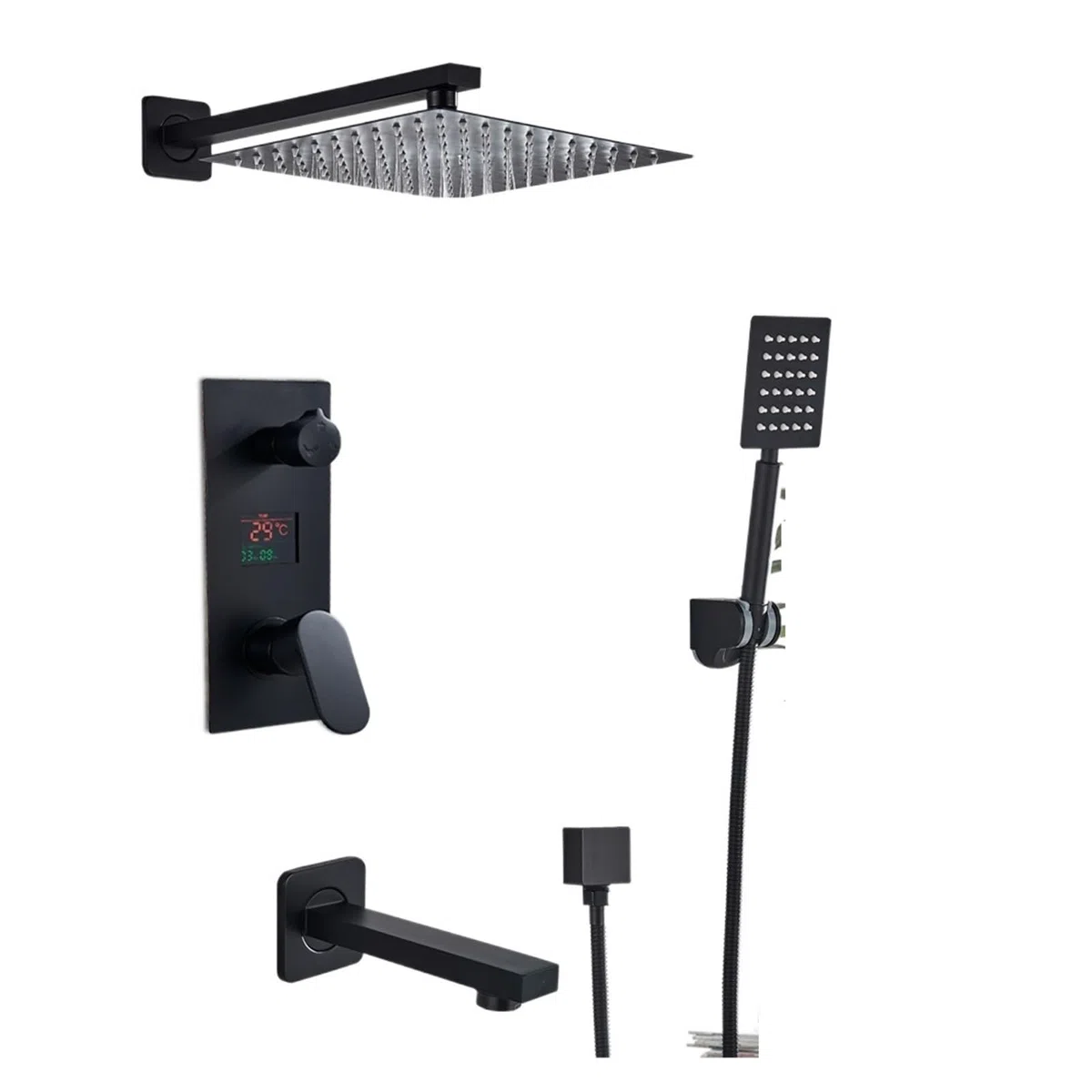 Matowy czarny deszczownica zestaw baterii z cyfrowym wyświetlaczem 25 cm wodospad wanna bateria mieszająca 3-drożny system prysznicowy do nowoczesnej łazienki ulepszenie