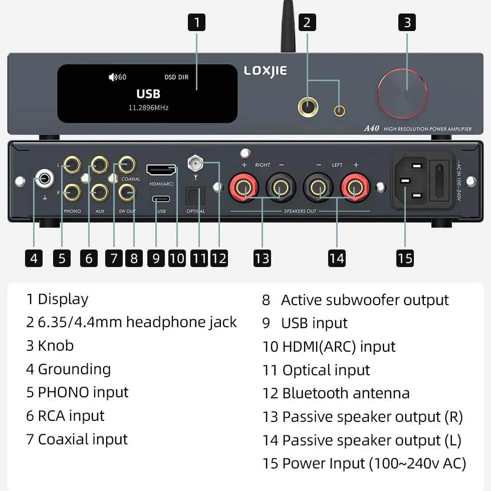 LOXJIE A40 Wzmacniacz audio All-in-one, MA5332MS NJW194, wejście gramofonu, Bluetooth 5.1