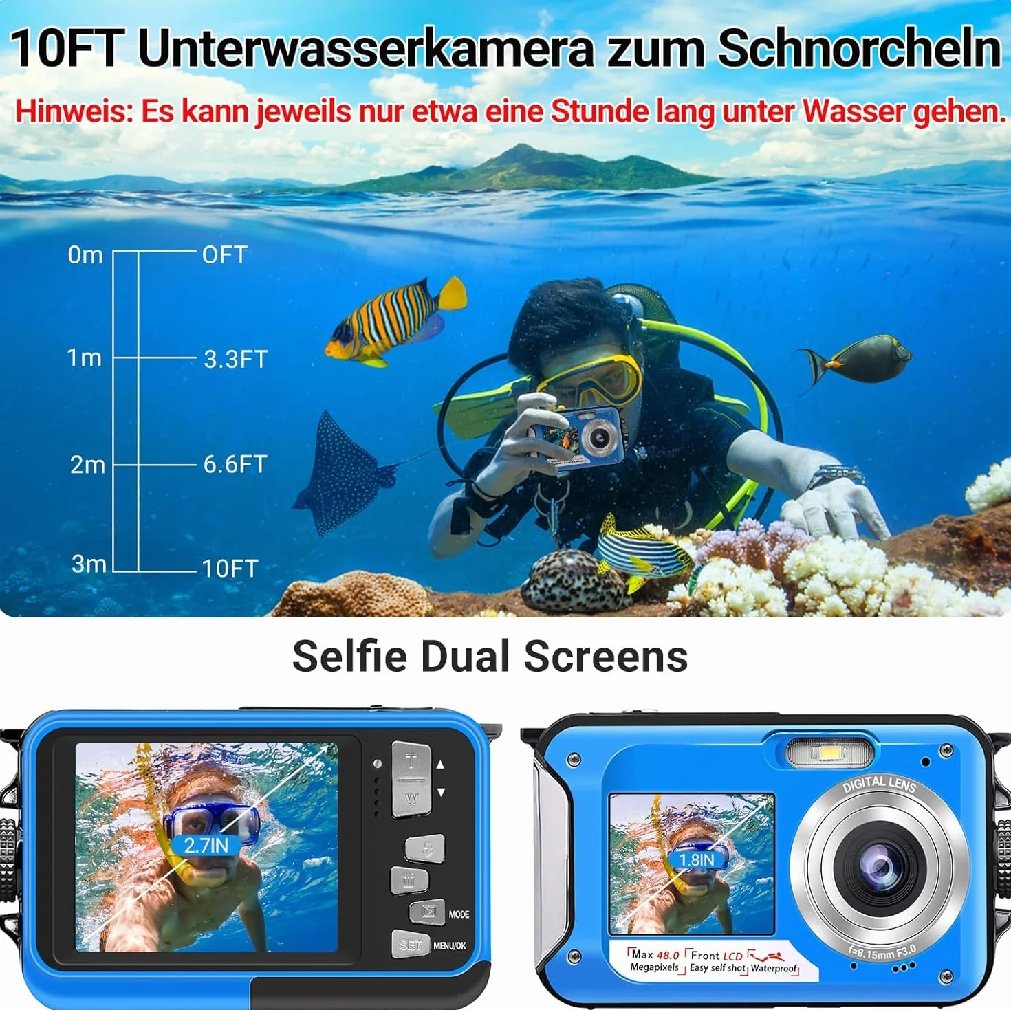Kamera podwodna Full HD 2.7 K 48 MP 10 ft wodoszczelna podwójny ekran 16x zoom cyfrowy