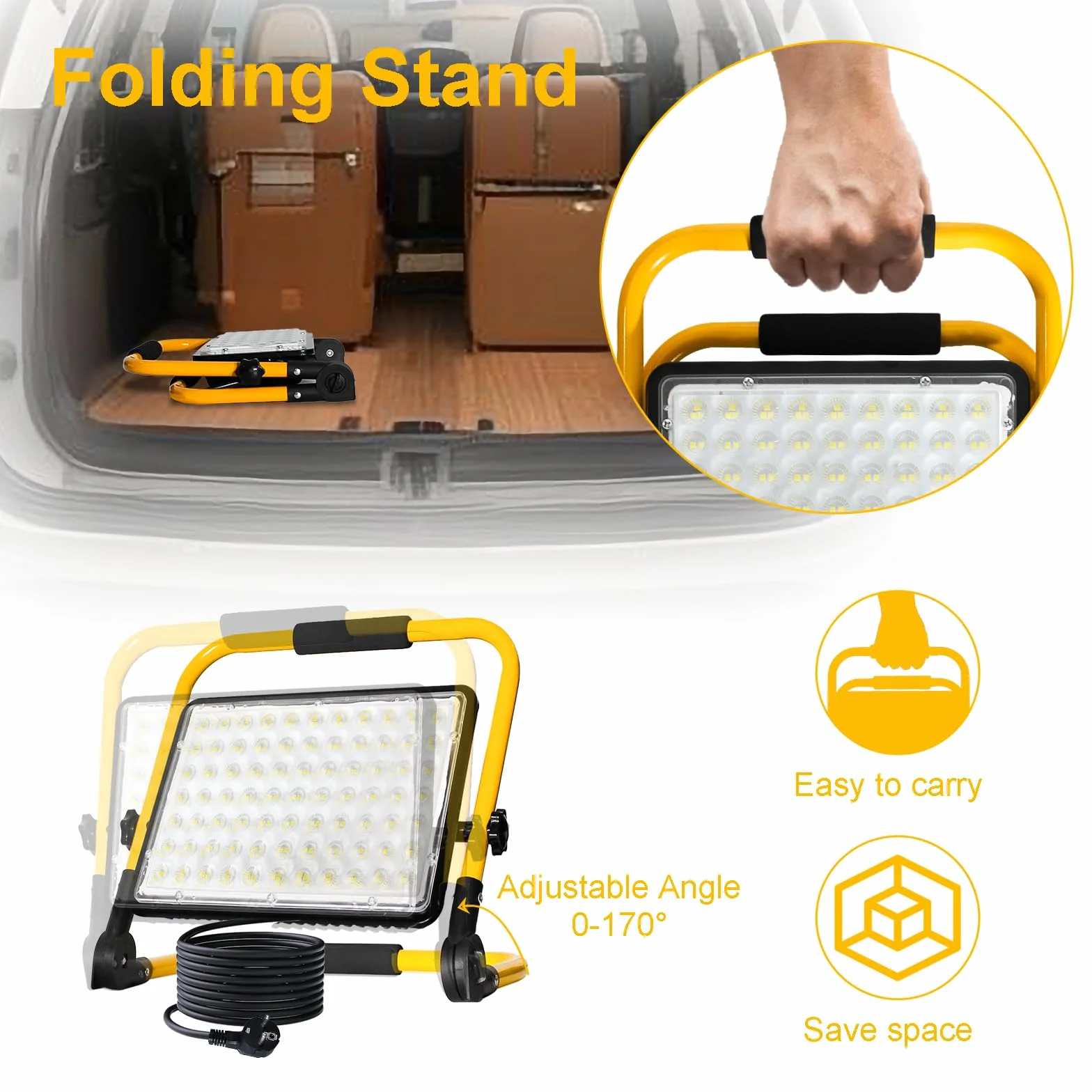 Eleganted Reflektor Budowlany LED 200 W Ze Statywem, 6500 K, Lampa Robocza LED, Przewód 4 M, Z Wtyczką, IP66, Wodoszczelny, Do Warsztatu, Garażu, Inspekcji Samochodu
