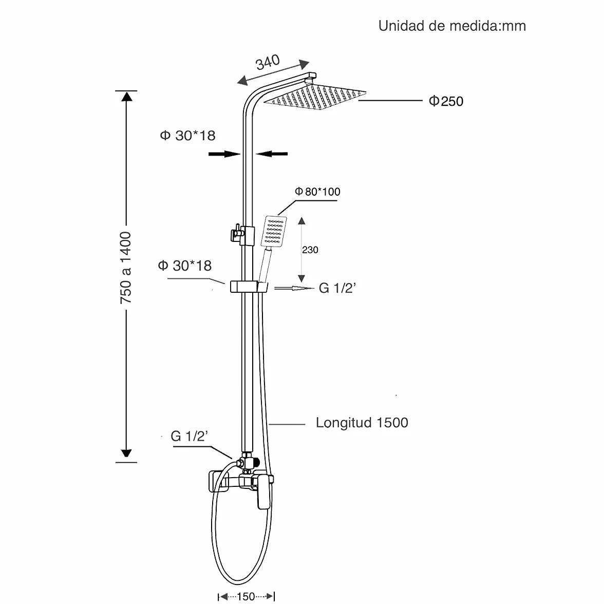 DP Bath RY-S018+M008 zestaw prysznicowy ze stali nierdzewnej z kranem - srebrny