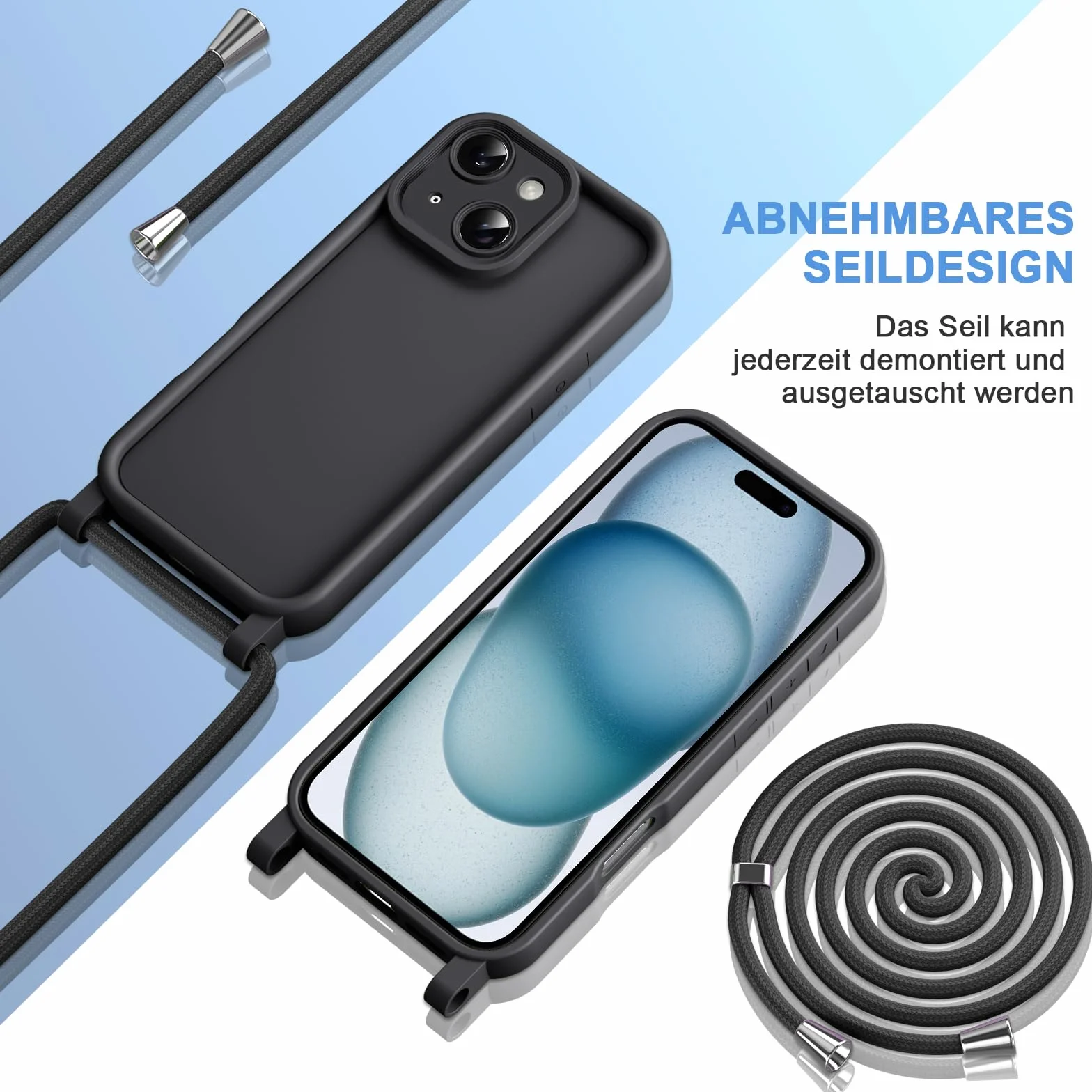 Etui do iPhone 13 6,1" silikonowe z regulowaną smyczą, odporne na wstrząsy, czarne