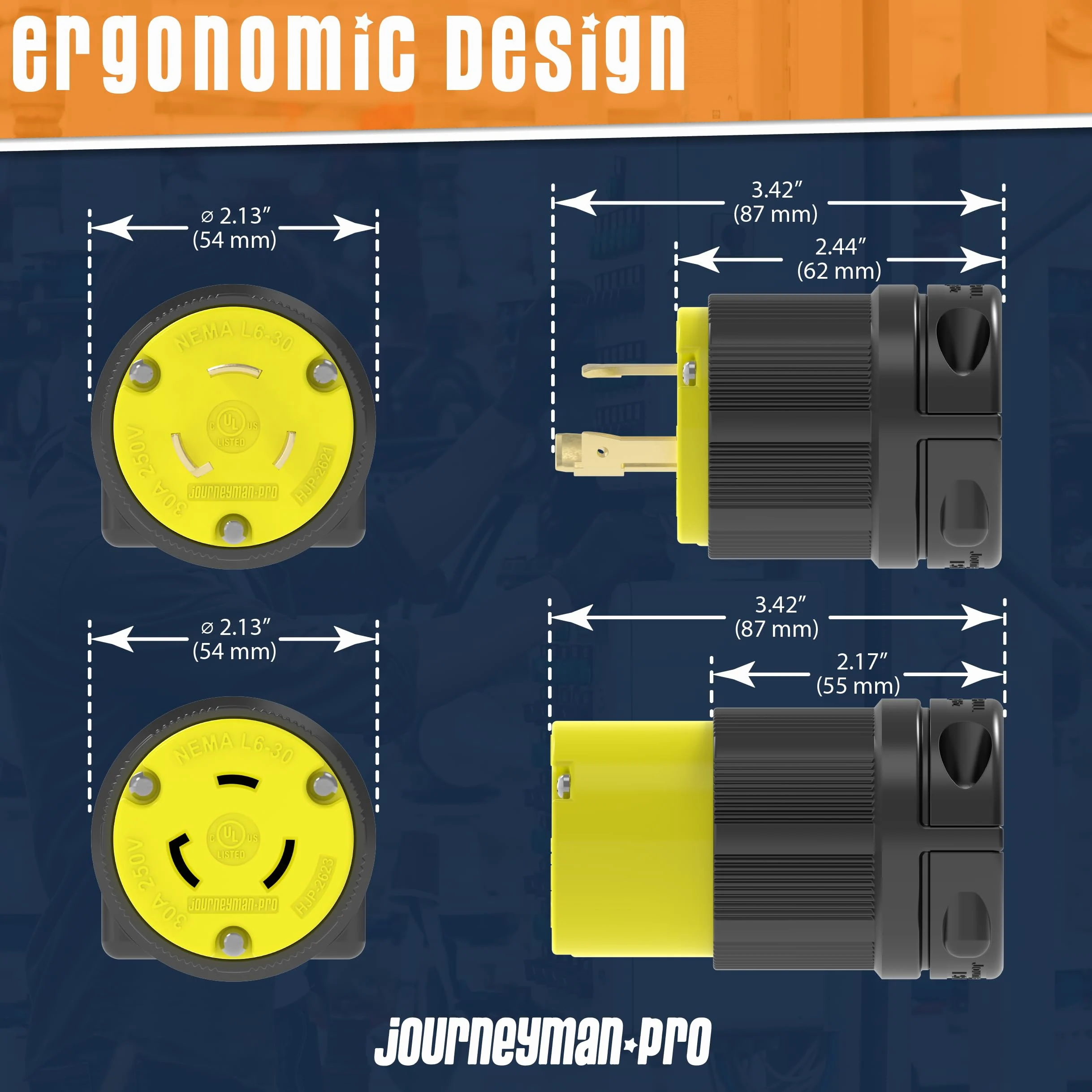 Journeyman-Pro NEMA L6-30R 30 Amp, 250 Volt, 2P, 3W, HJP-2623 Connettore femmina di bloccaggio, nero giallo grado industriale, messa a terra 7500 Watt generatore (L6-30R femmina)
