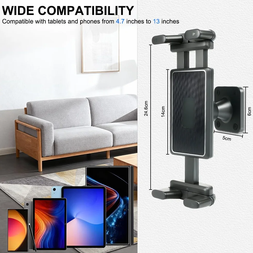 HOTUT Uchwyt ścienny na tablet, aluminiowy uchwyt ścienny na iPada, regulowany o 360°, składany stojak na tablet do łóżka, regulowany do iPadAir/Mini Samsung Galaxy 11.9 cm"-32.8 cm
