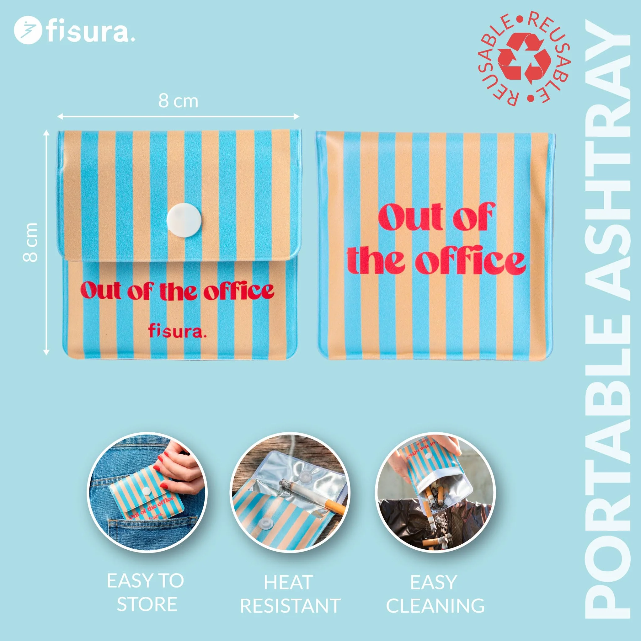 Fisura – Popielniczka przenośna „Out of the office” 8 x 8 cm, kieszonkowa popielniczka do auta i na wyjazdy, wielorazowa saszetka na popiół do użytku outdoor