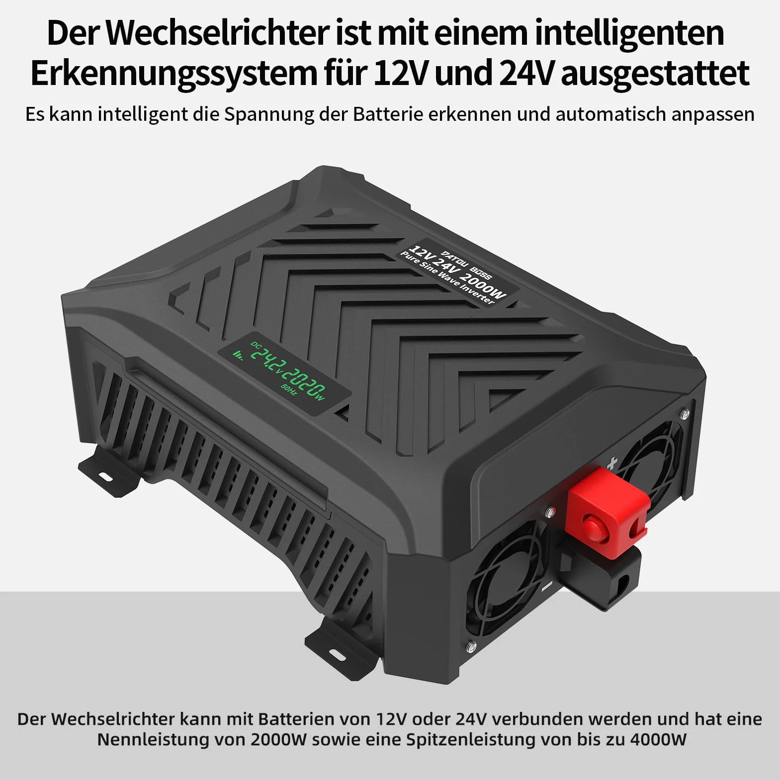 DATOUBOSS Przetwornica napięcia 12V/24V na 230V 2000W/4000W Czysta Sinusoida z Wyświetlaczem LCD