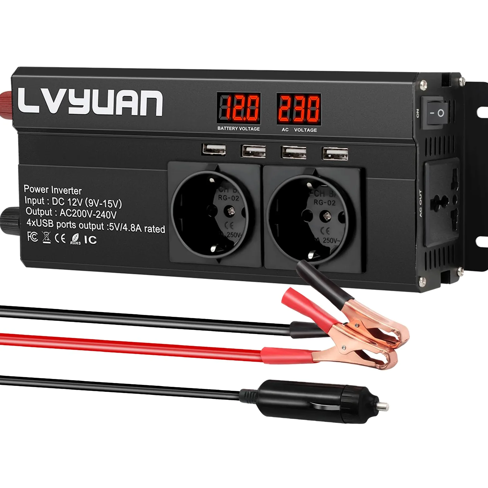 LVYUAN 2000W przetwornica napięcia DC 12V na 230V AC z diodą LED, 4 porty USB, 3 gniazda AC do użytku na zewnątrz, awaryjna awaria zasilania