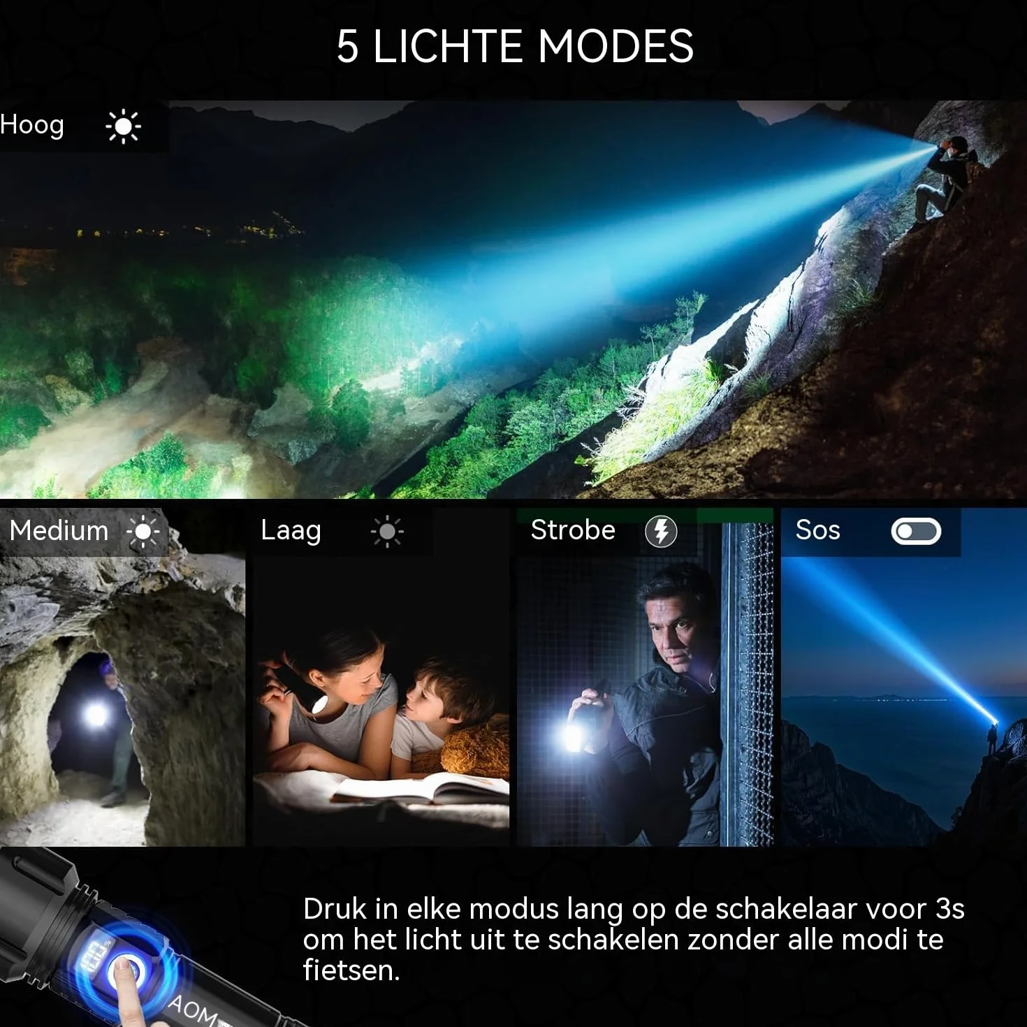 AOMEES Latarka LED USB Typ-C 200 000 lumenów – Super jasna, IPX4, 5 trybów, Młotek bezpieczeństwa, Idealna na Camping i Awarie