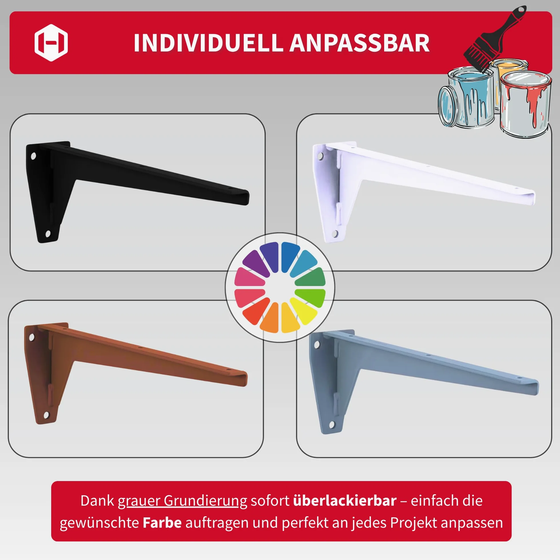 Gedotec MIRA wspornik regałowy, metalowy, wspornik do dużych obciążeń, głębokość 480 mm, stal szara, wspornik do dużych obciążeń, nośność 150 kg, 2 sztuki, metalowa konsola kątowa do ciężkich ładunków i regałów