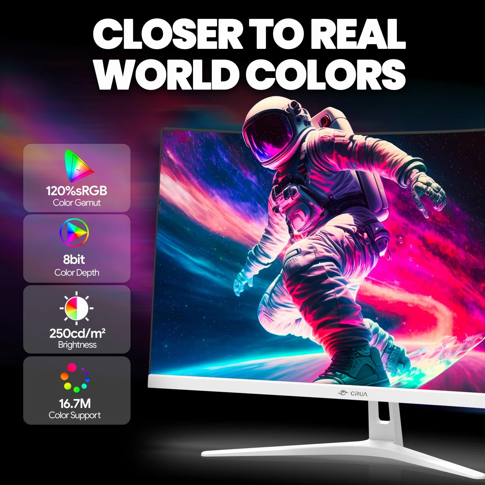 CRUA Zakrzywiony Monitor do Gier FHD 1080P 165Hz 200Hz 1800R VA 99% sRGB AMD FreeSync HDMI DP Montaż Ścienny Biały
