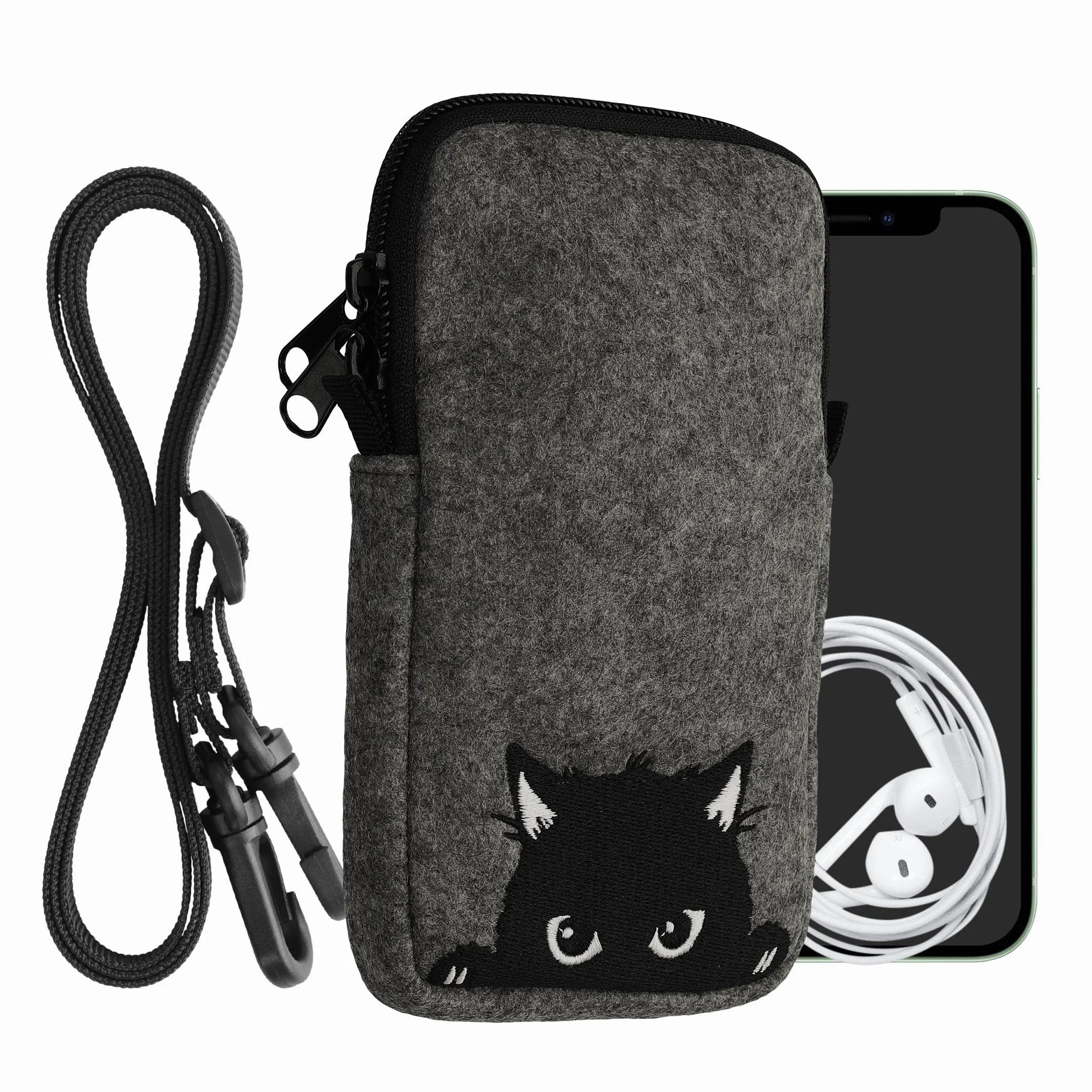 kwmobile Filcowa torba na telefon z wzorem L - uchwyt na pasek 16,5 cm x 8,9 cm - ciekawy kot szary/czarny