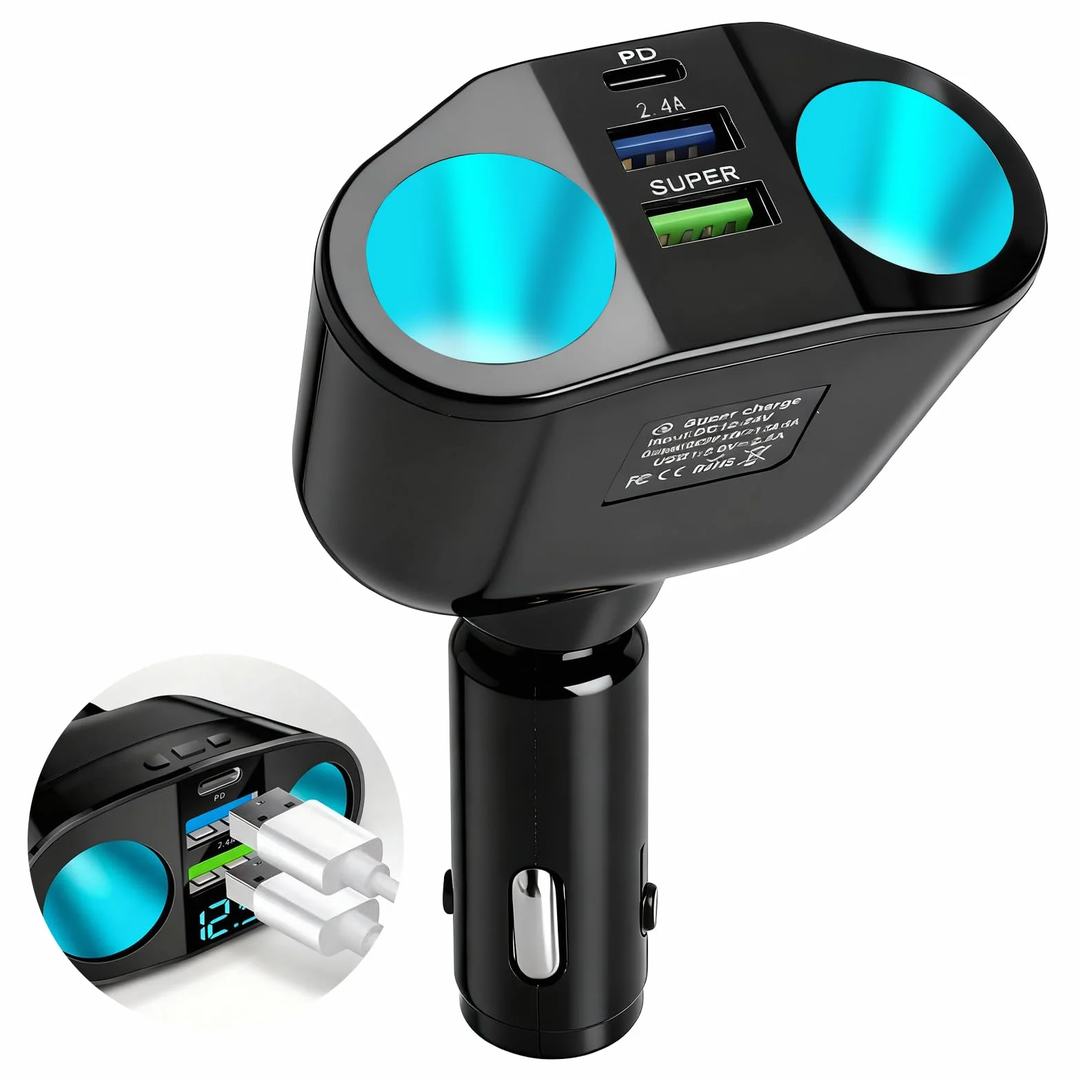 VOSSOT 5 w 1 rozdzielacz do gniazda zapalniczki samochodowej 12V/24V z woltomierzem LED Dual USB