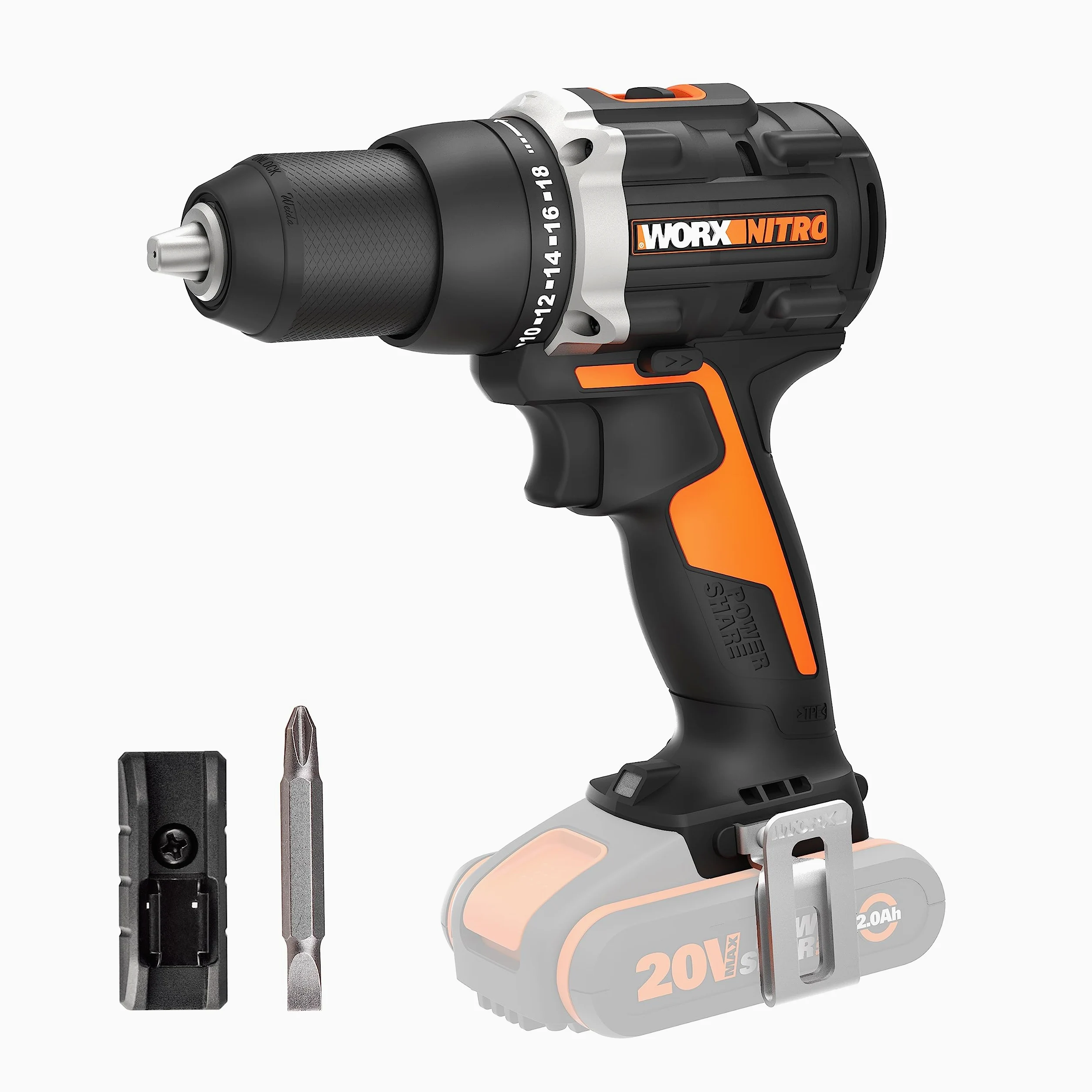WORX NITRO - akumulatorowa wiertarko-wkrętarka bezszczotkowa 20V-2Ah- 60Nm - 13mm- WX102.9 (dostarczana bez baterii i ładowarki, 3 akcesoria do wkręcania/wiercenia)