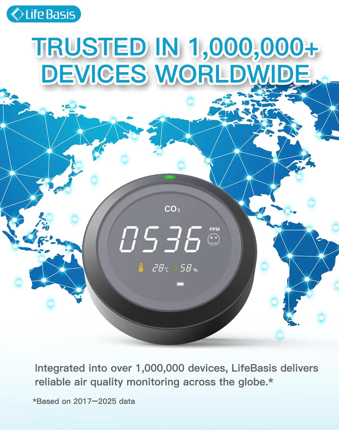 Miernik CO2 LifeBasis 3 w 1, czujnik dwutlenku węgla, pomiar temperatury, wilgotności i jakości powietrza, czujnik CO2 z wyświetlaczem LCD / 0-5000 PPM/precyzyjny czujnik NDIR, czarny, do biura
